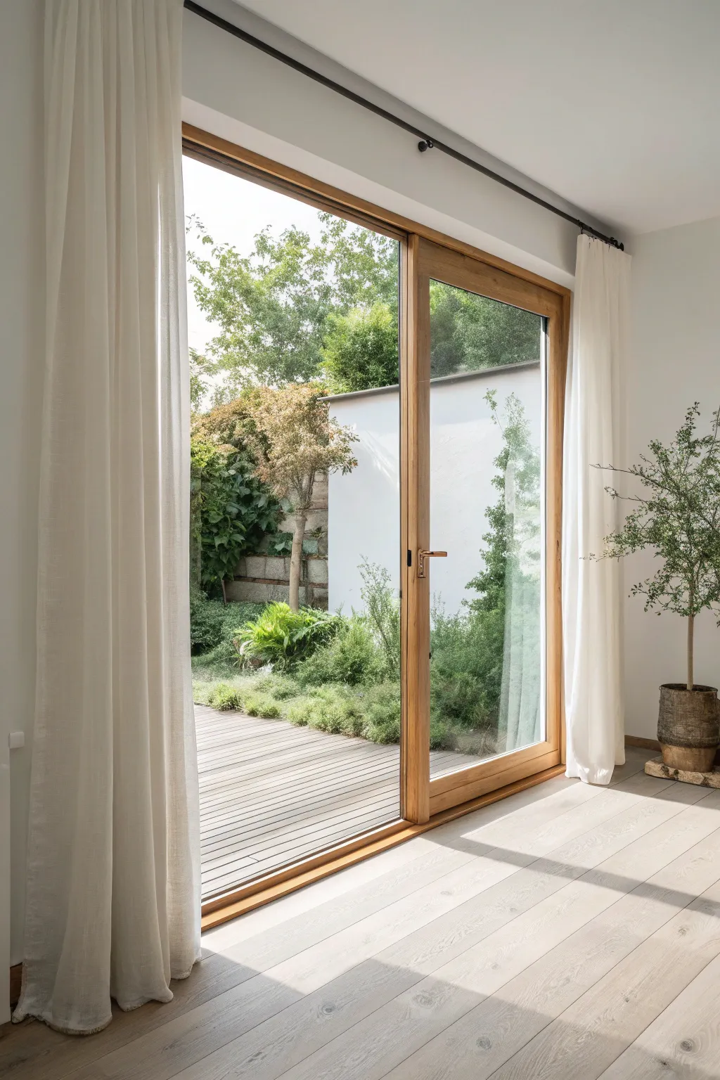 A partially open sliding glass door connecting a serene Nordic room to a lush green patio