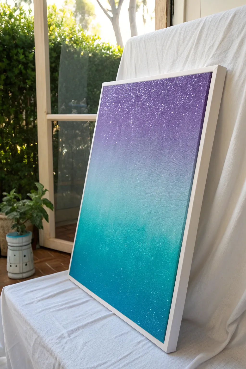 Abstract teal-to-violet glitter gradient wash, minimal and dreamy, sparkling in soft daylight.