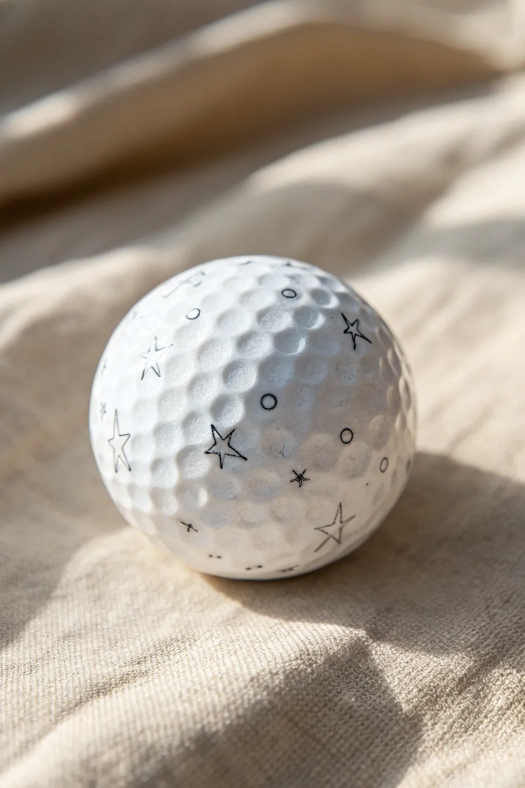 Tiny star doodles and mini sparkles on a golf ball, crisp dimples and bright natural contrast
