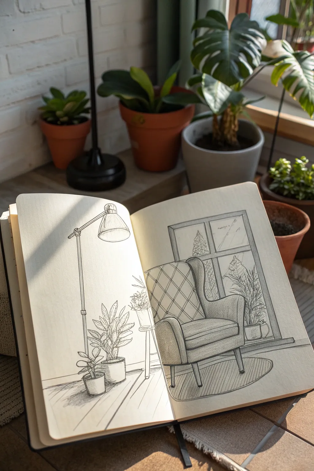 Cozy corner sketch idea: chair, plant, and soft shadows for an easy everyday drawing study