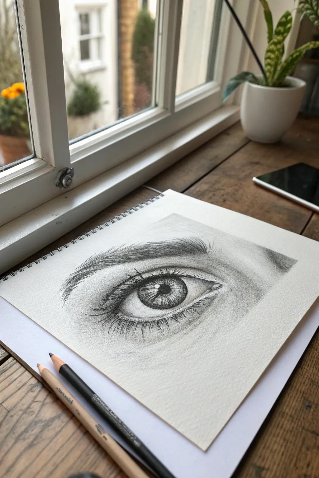 Realistic eye close-up study with smooth blending, sharp lashes, and luminous highlight.