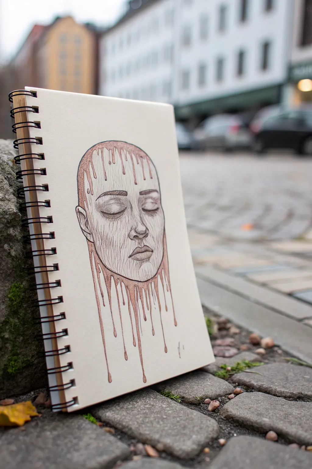 Minimalist sketchbook study of a melting mask face, with heavy flesh drips and bold contrast