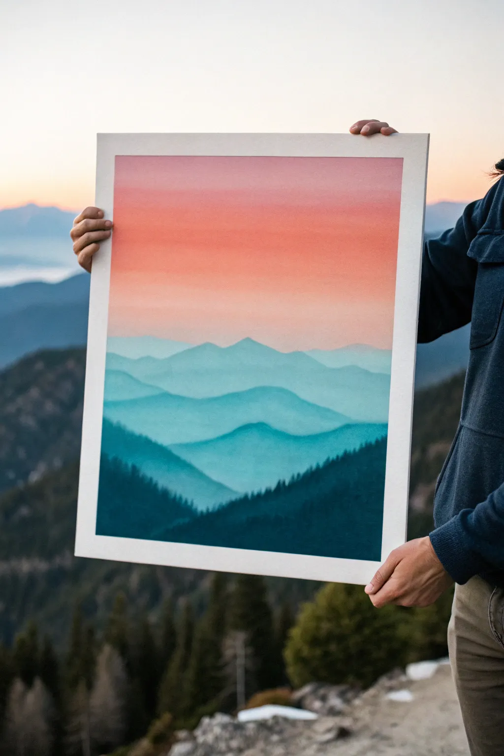 Bold gradient sky with layered mountains, a minimalist painting idea with calm Scandinavian vibes