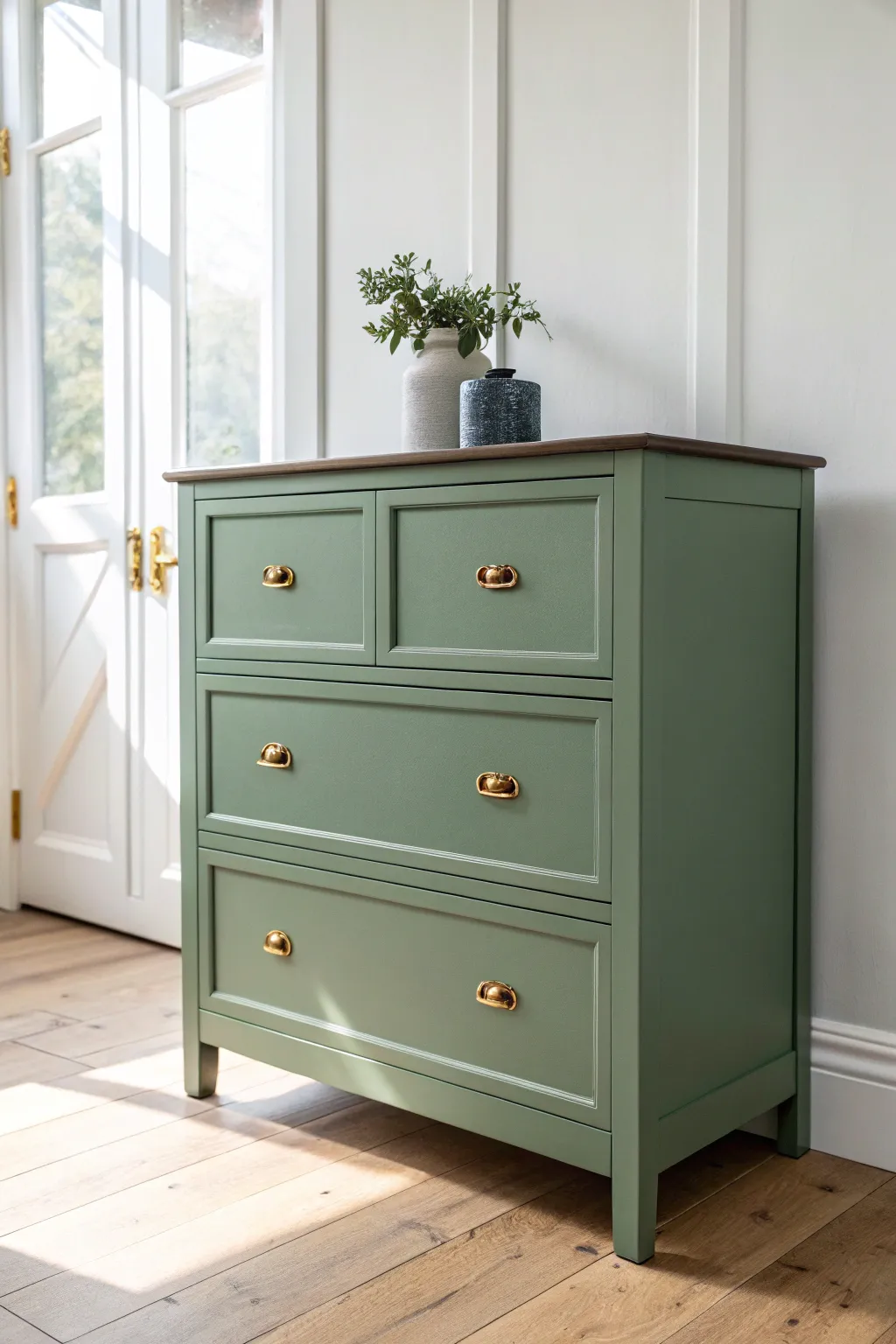 Matte green drawers with brass pulls bring Scandinavian calm and a warm boho glow.