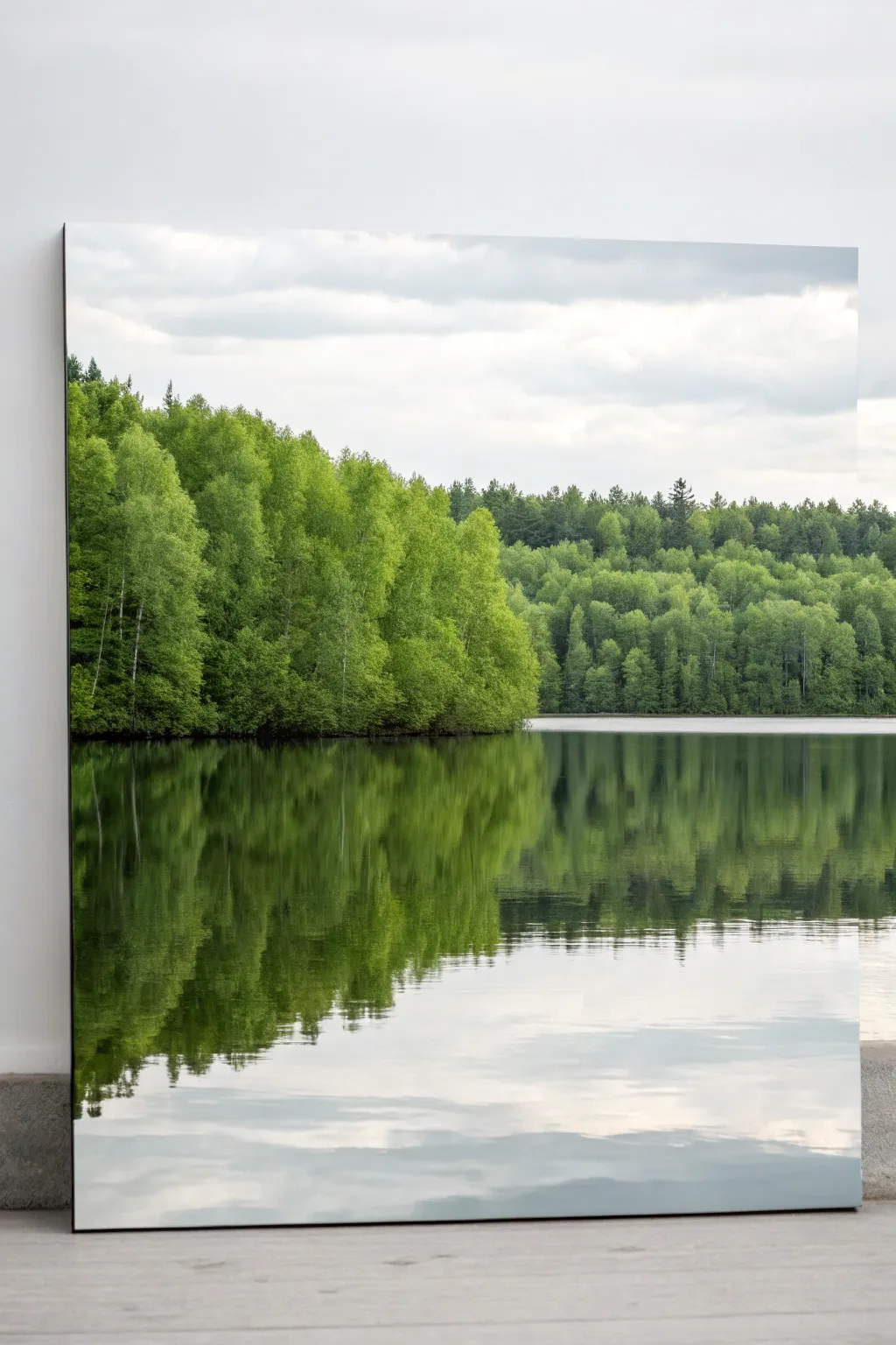 Serene green lake reflection on canvas with soft horizontal strokes and calming Scandinavian tones