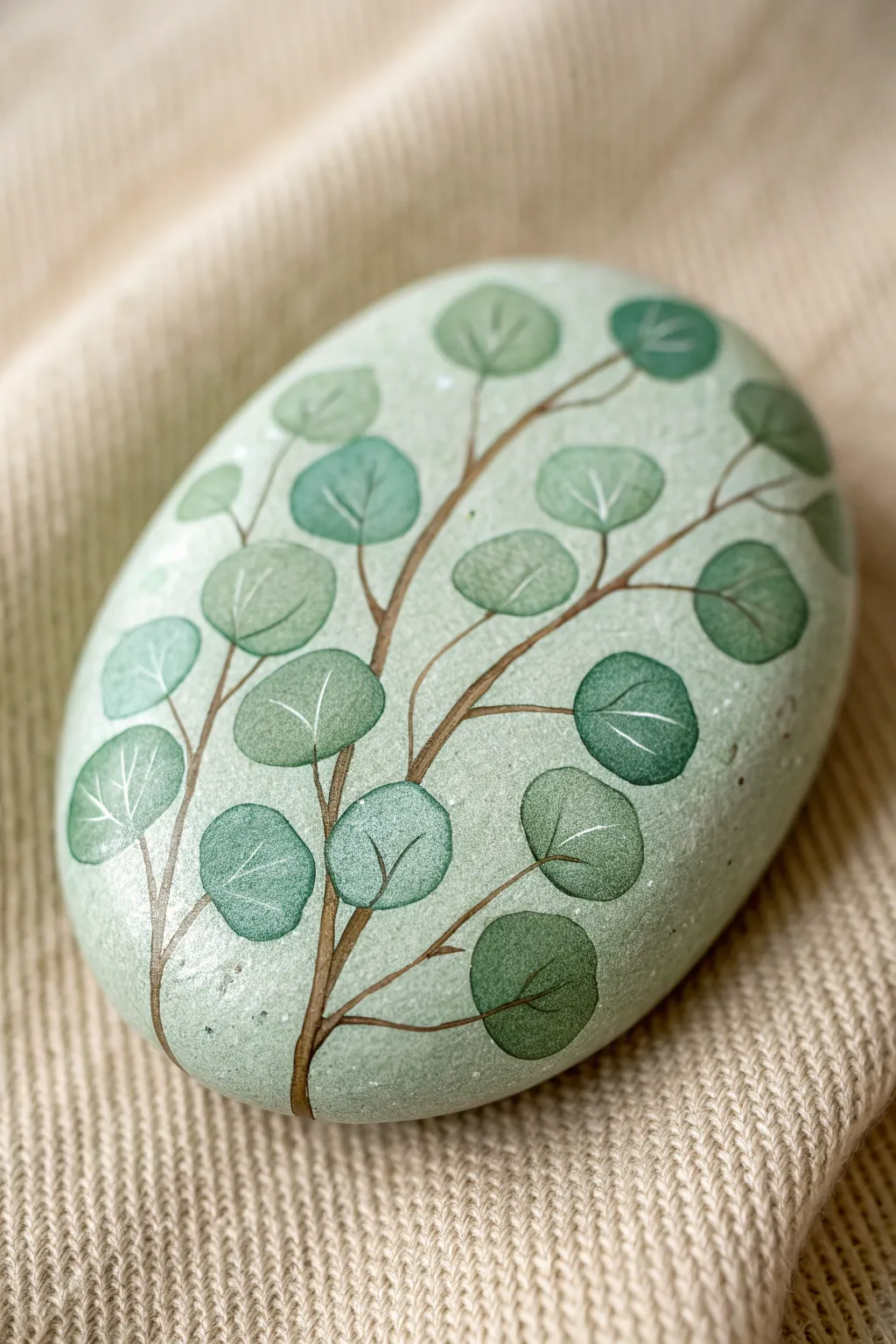 Muted green rock with eucalyptus coin leaves, minimalist boho botanicals with crisp contrast