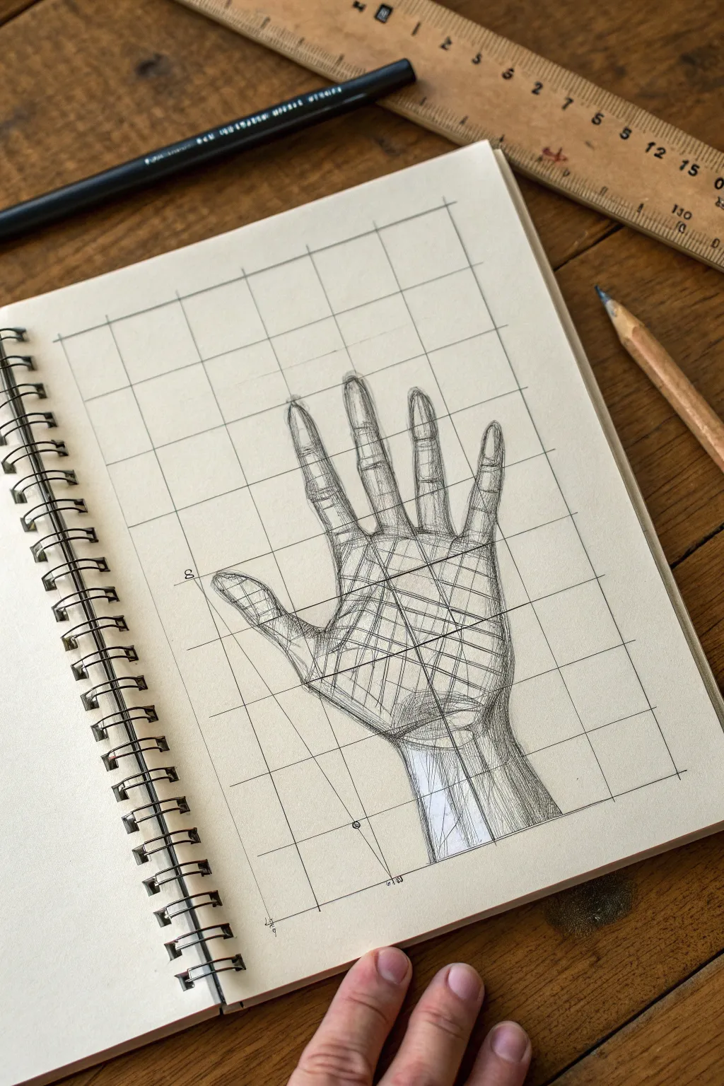 Practice hand proportions with a big grid, ruler, and clean Scandinavian sketch setup.