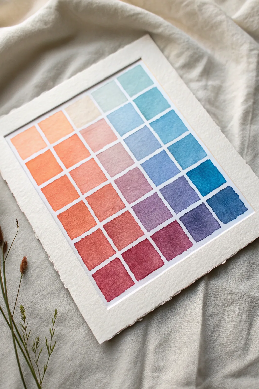Warm-to-cool watercolor grid with crisp white borders, minimalist Scandinavian boho vibe