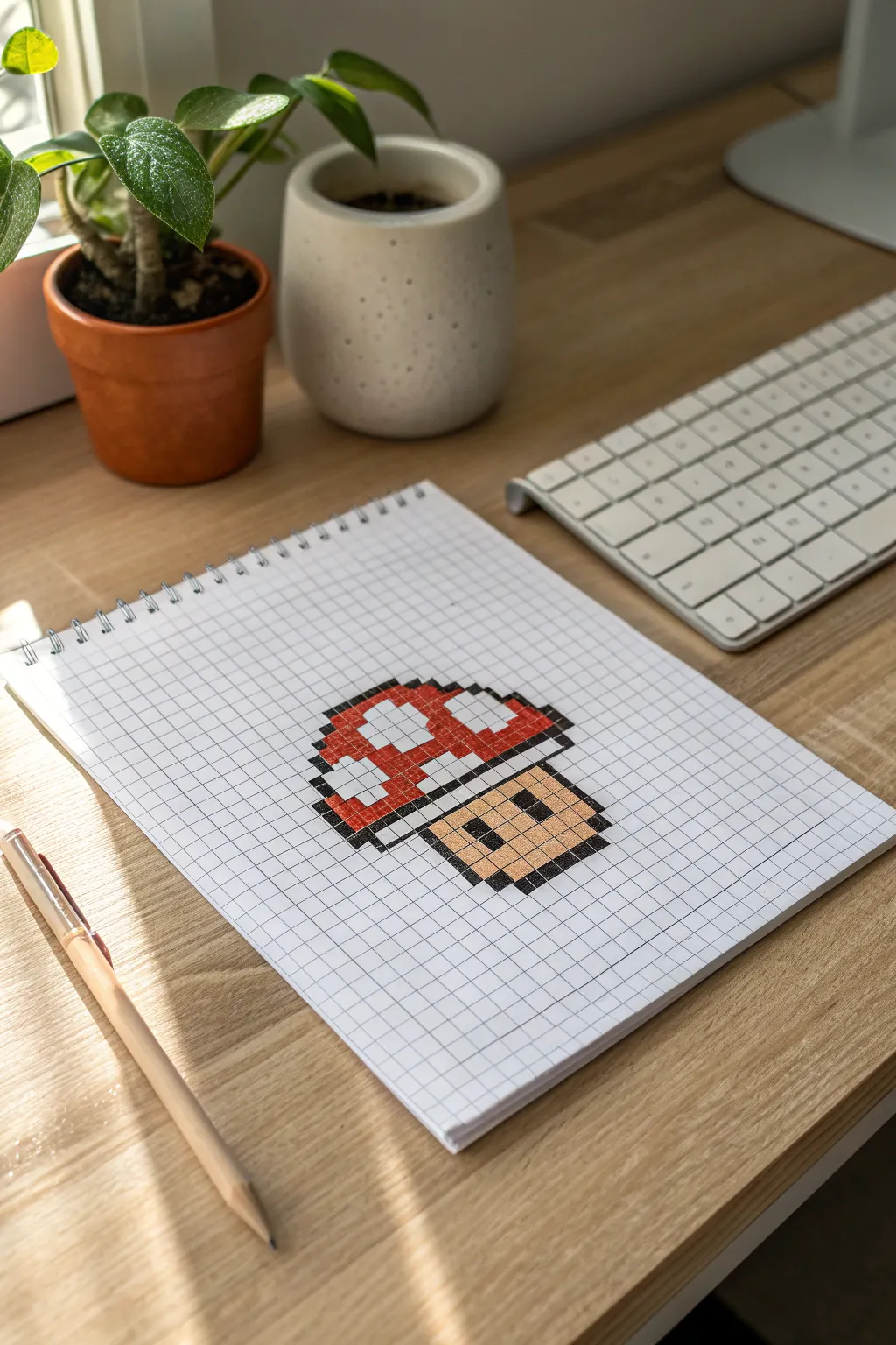 Cute mushroom pixel sprite on clean graph paper, limited colors and bold outline