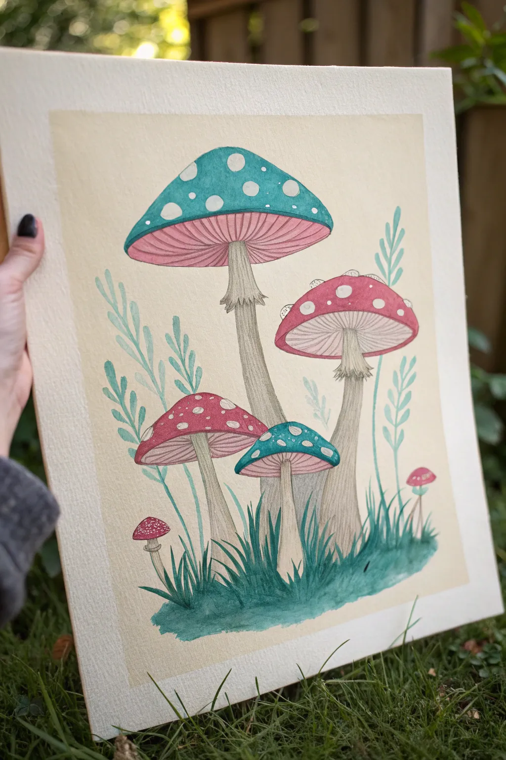 Groovy teal and pink toadstools on wavy grass, a minimalist boho mushroom patch painting idea