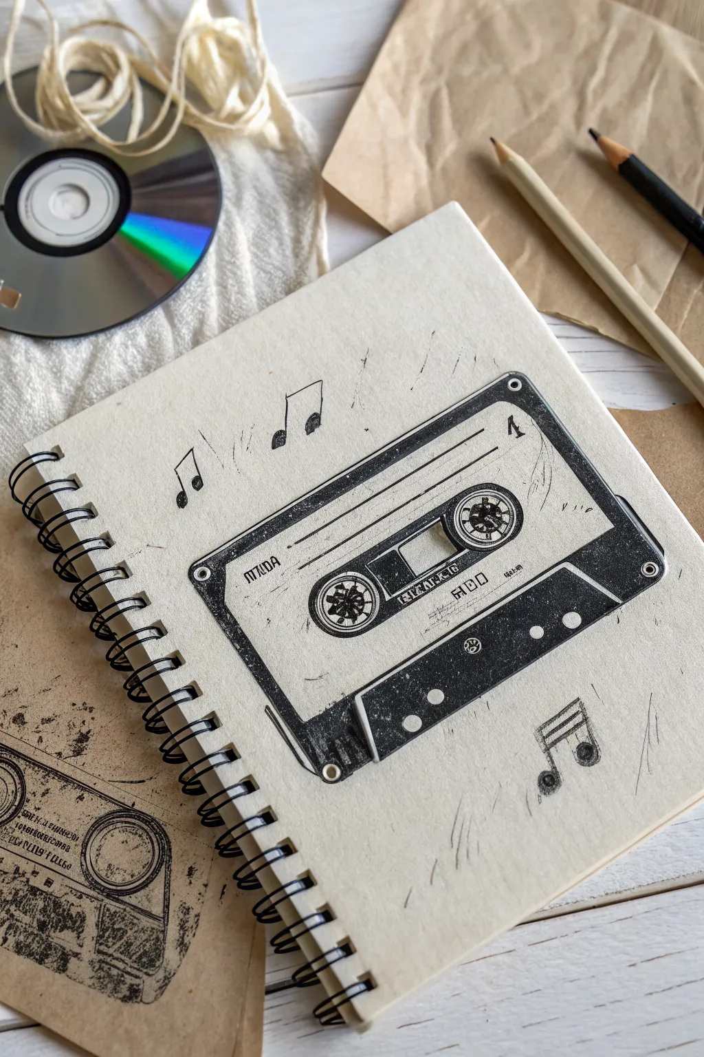 Grunge music nostalgia: a cassette sketch with CD scratches and spiral track-list scribbles