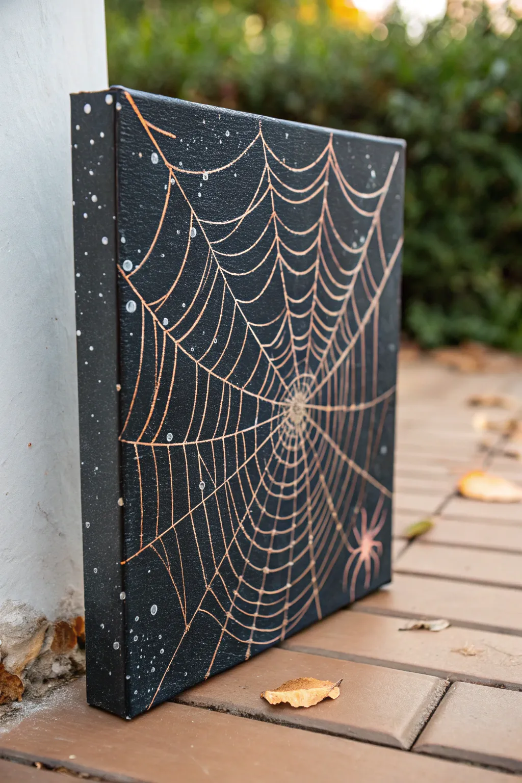 Minimal grunge: a crisp white spiderweb corner on matte black with wild splatter accents