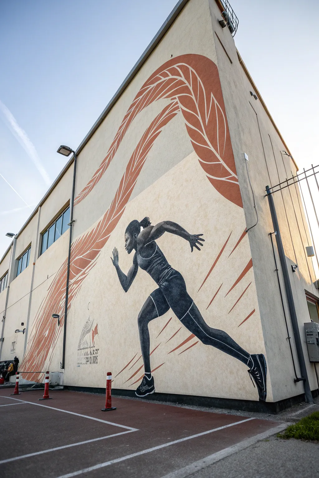 Minimalist athlete wall mural with bold motion strokes for an energizing gym corner