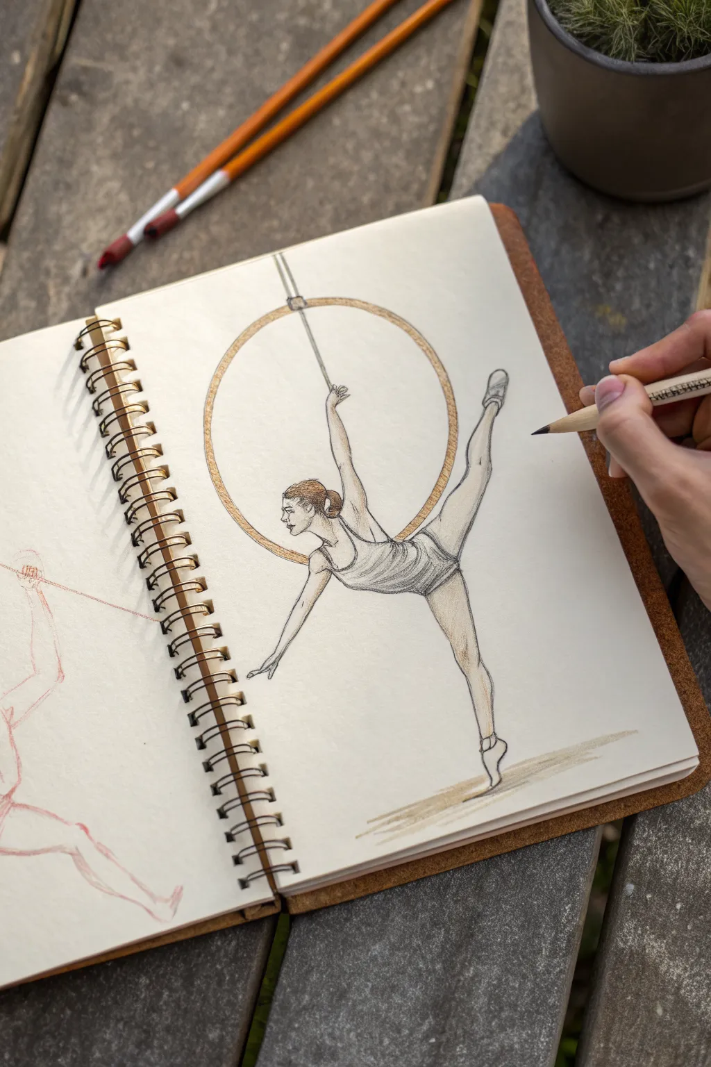 Uneven bars swing arc sketch: ribbon-long gymnast, chalky hands, clean curve for motion.