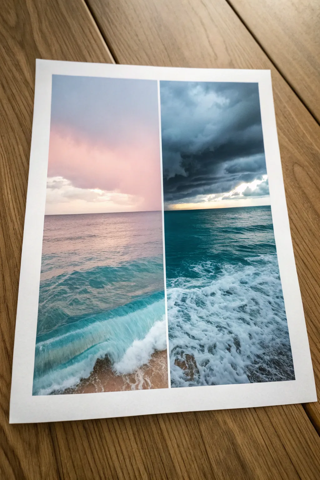 Ocean split painting idea: serene pastel calm meets moody storm waves on one sheet.