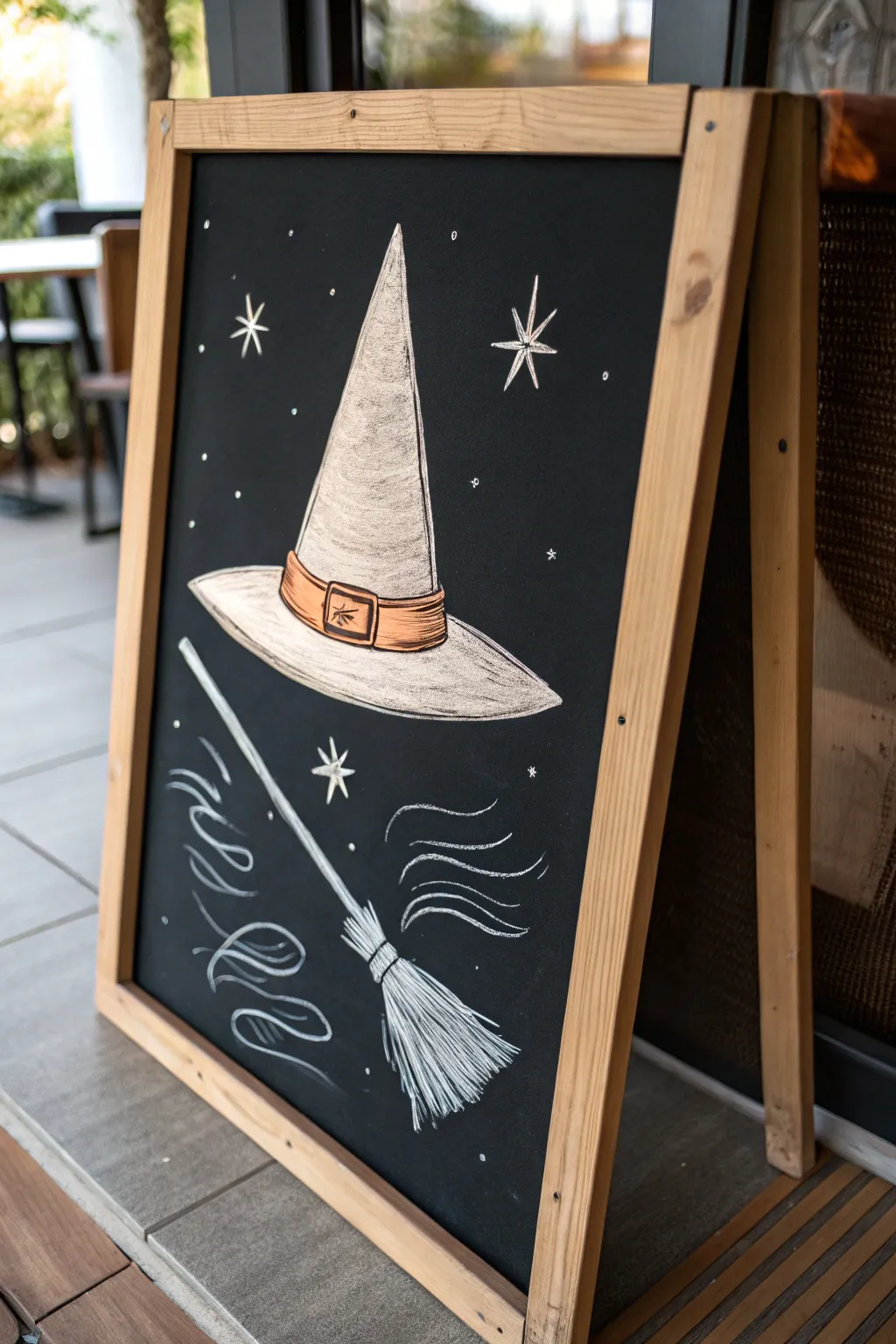 Minimal witch hat chalk art with broom underline and tiny sparkles for a magical vibe