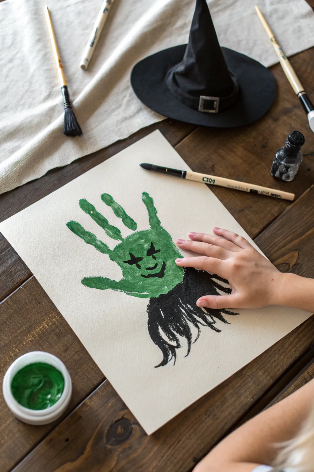 Minimal witch handprint silhouette on a moon, a chic Halloween finger painting idea to copy