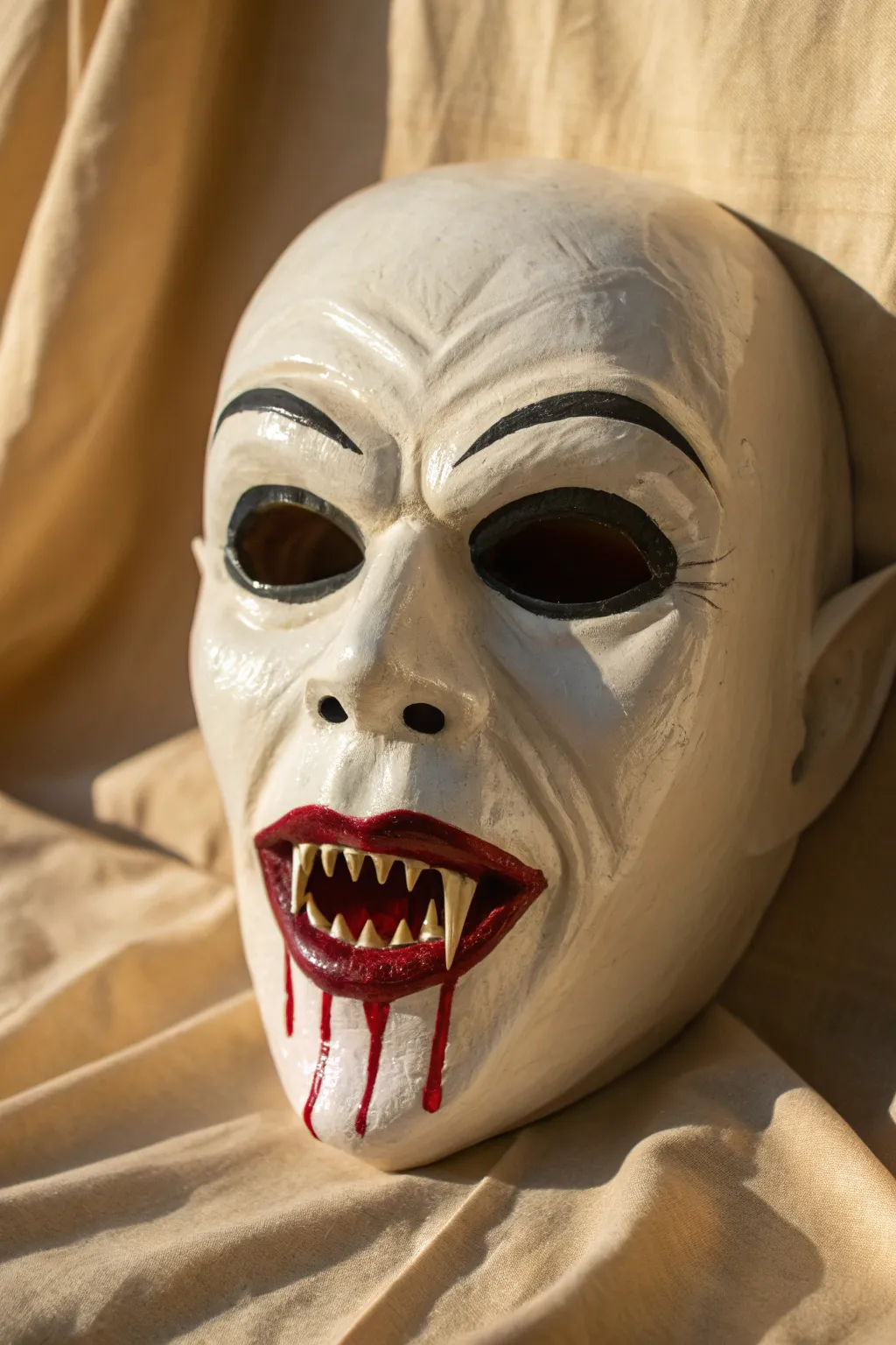 Minimalist vampire mask with glossy blood drips and fangs, perfect for eerie Halloween painting inspiration.