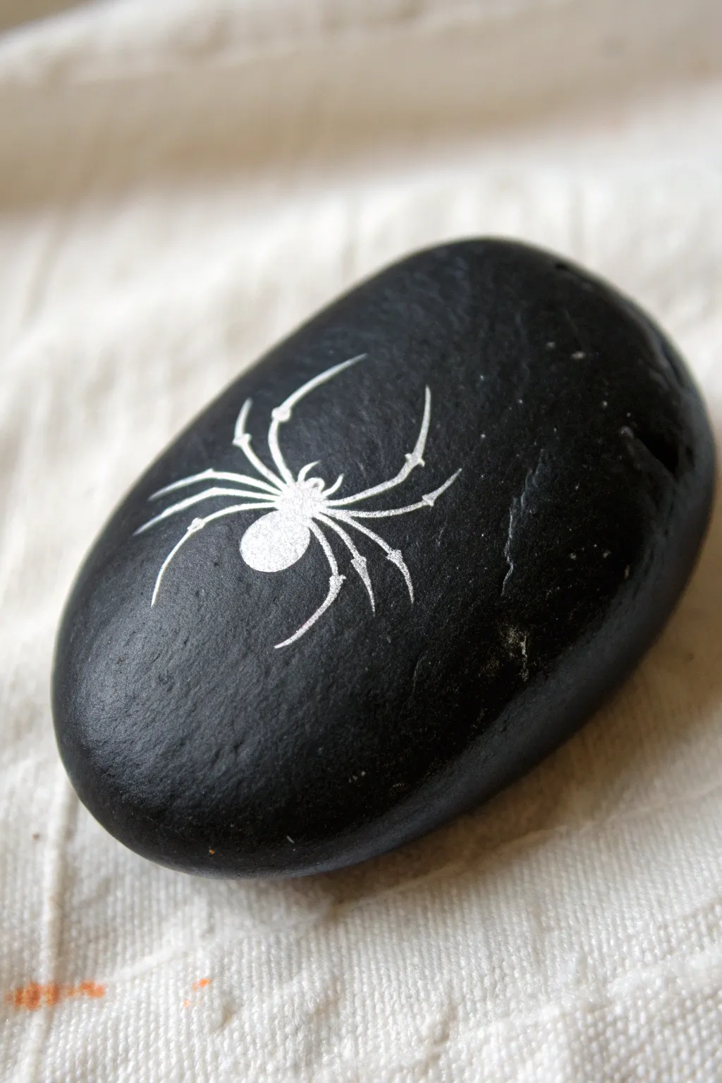 Minimal spiderweb rock painting with crisp white lines and a tiny spider, clean and cozy