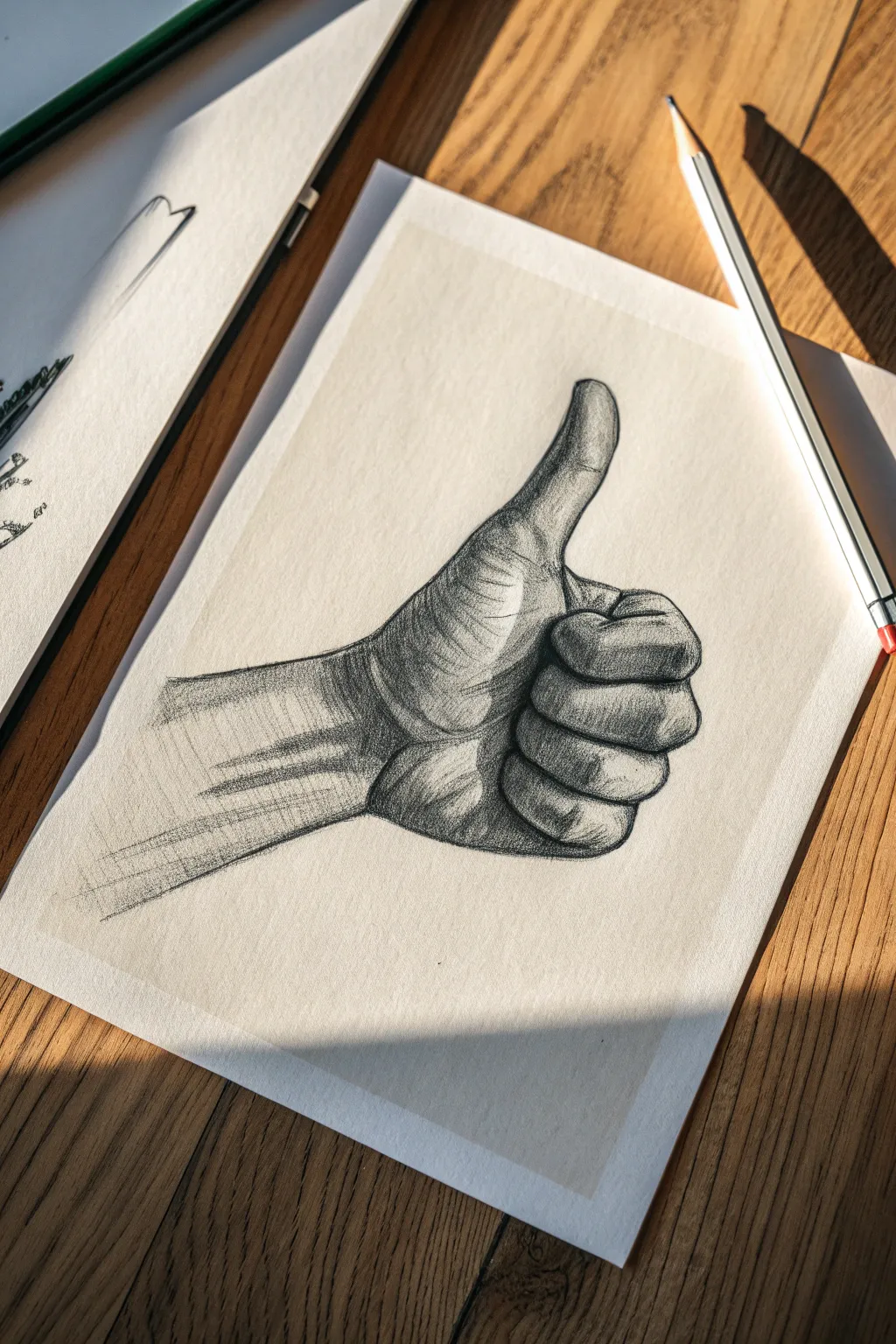 Thumbs-up sketch with rounded volumes and a soft shadow for depth, clean minimalist style.