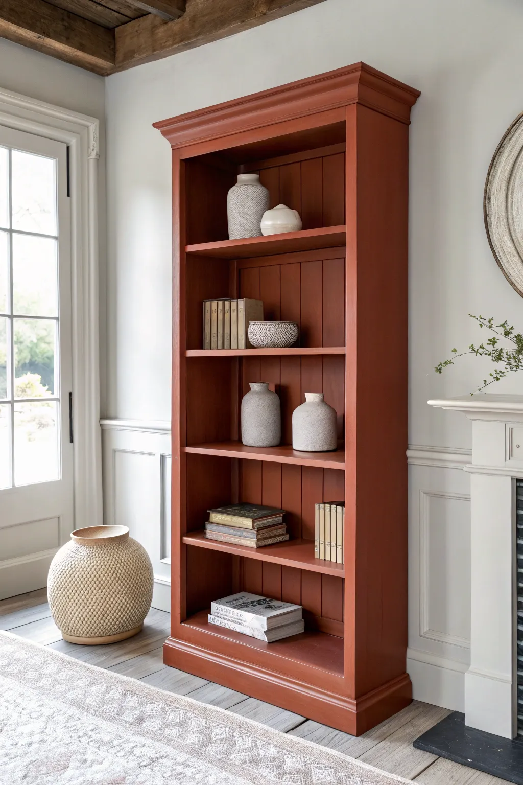 A bold single-shade bookcase painted top to bottom for a clean, modern monochrome moment.