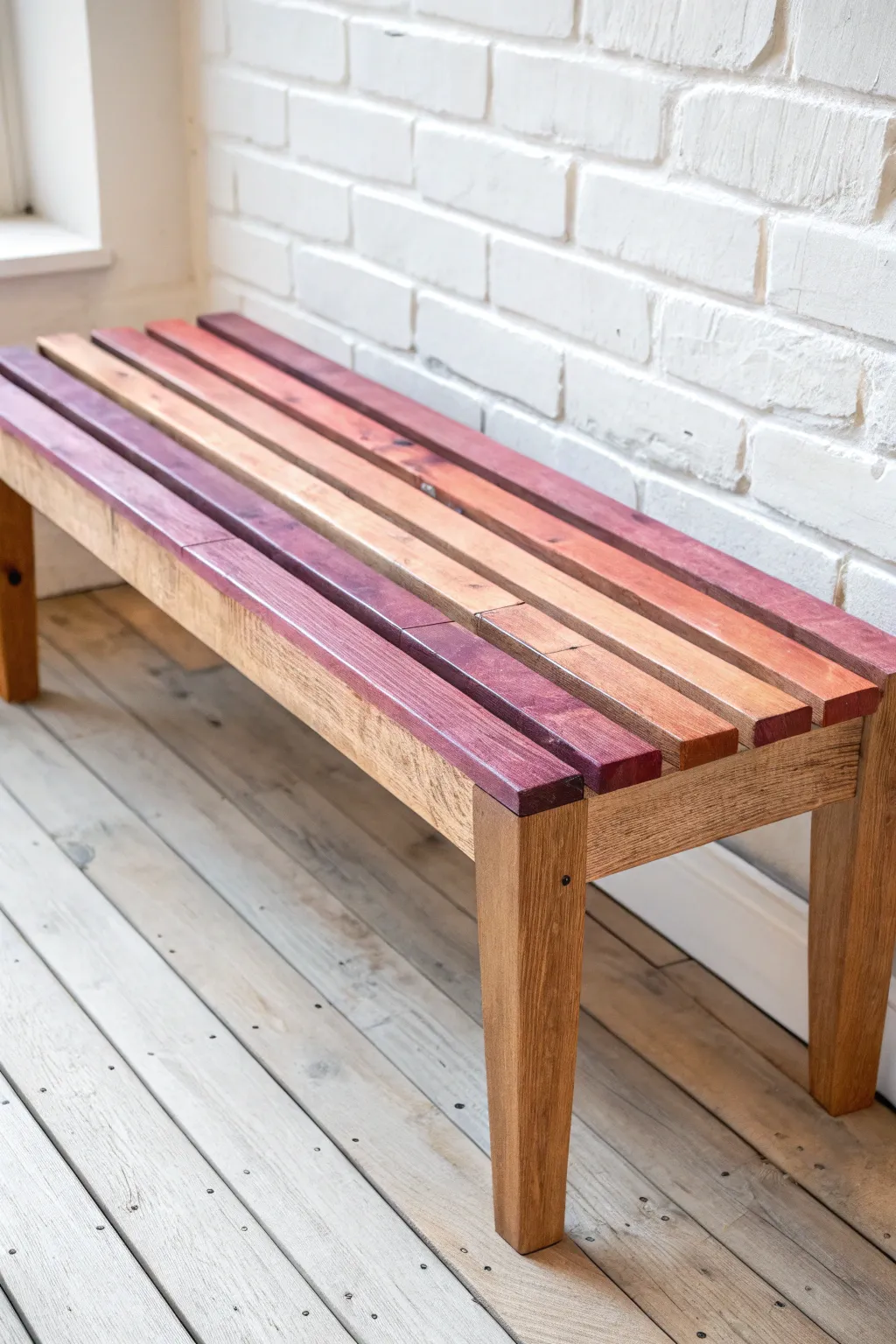 Ombre sunset slat bench in peach-to-purple gradient, minimalist and beautifully handcrafted.