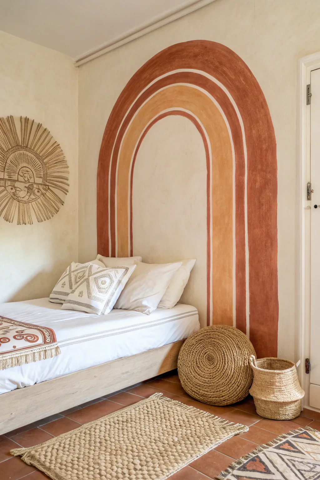 A warm clay painted arch turns a simple daybed into a cozy faux headboard feature wall