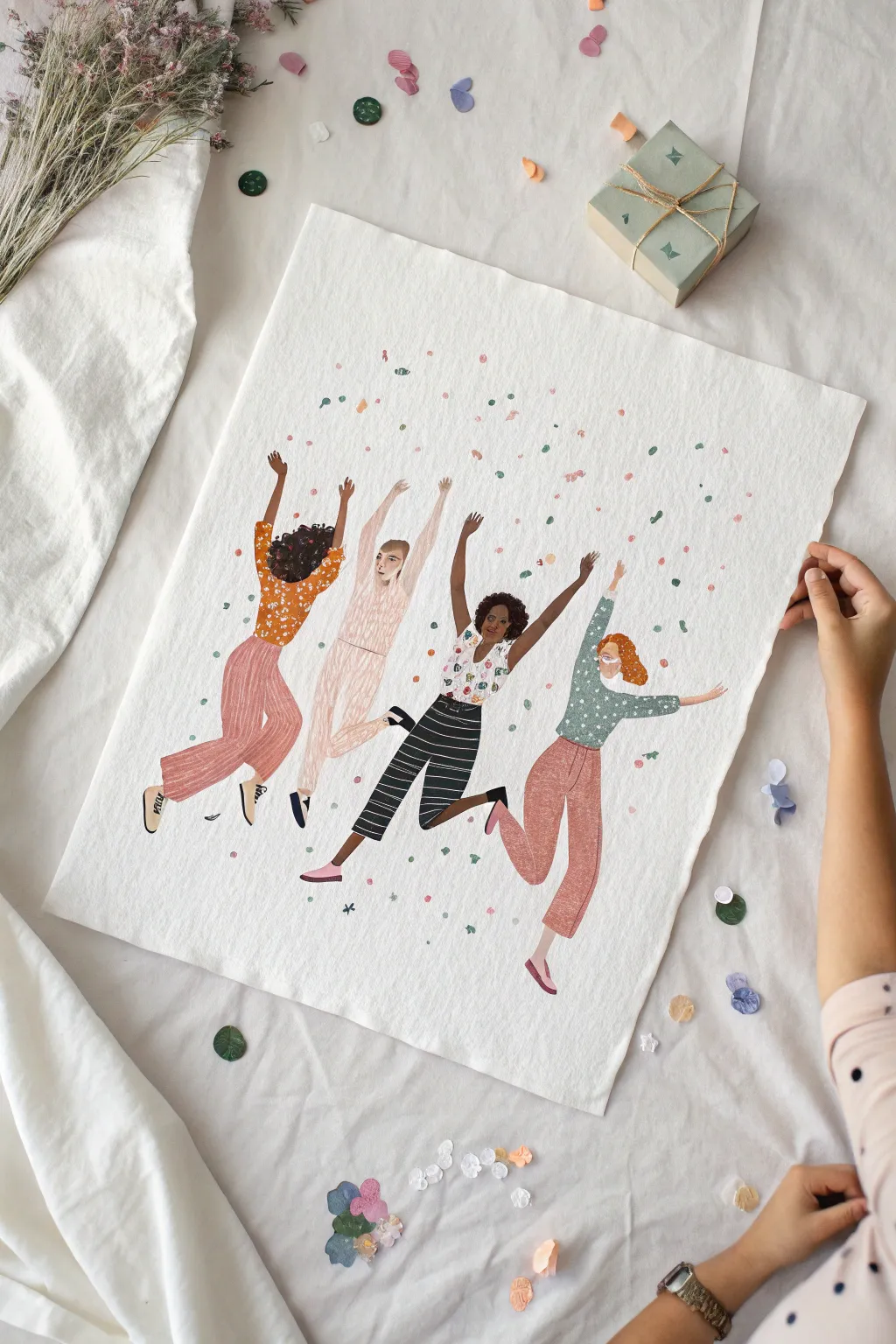 Minimalist drawing of friends jumping together, confetti dots, and bright shared happiness