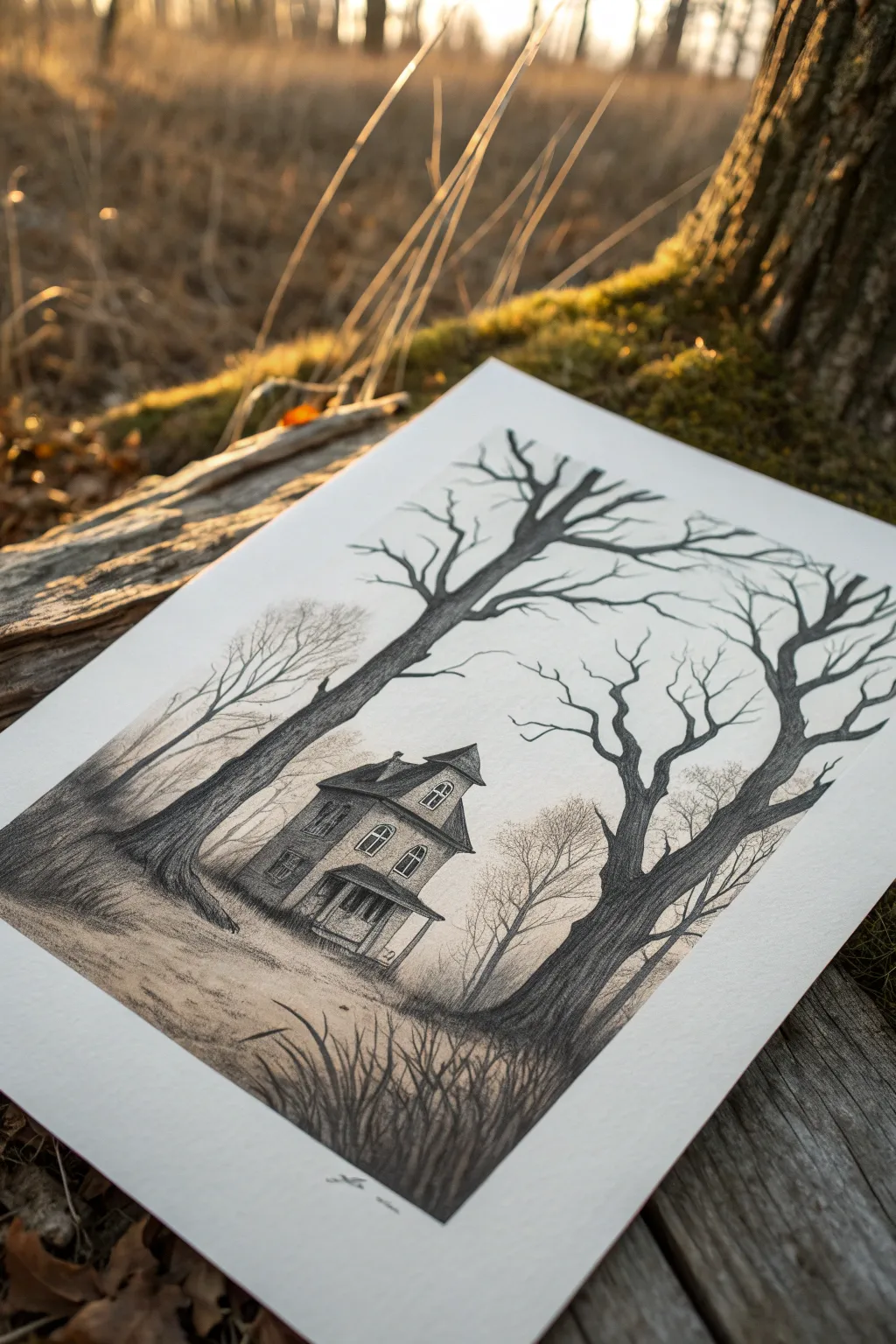 Minimal ink haunted house framed by twisted, leafless trees for a dramatic, elegant sketch