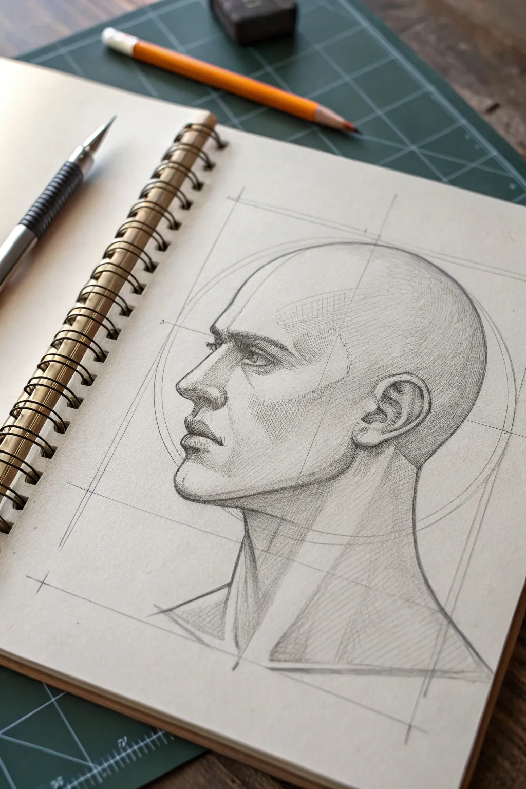 Classic 3/4 head construction with a curved center line and side plane to show the jaw turn.