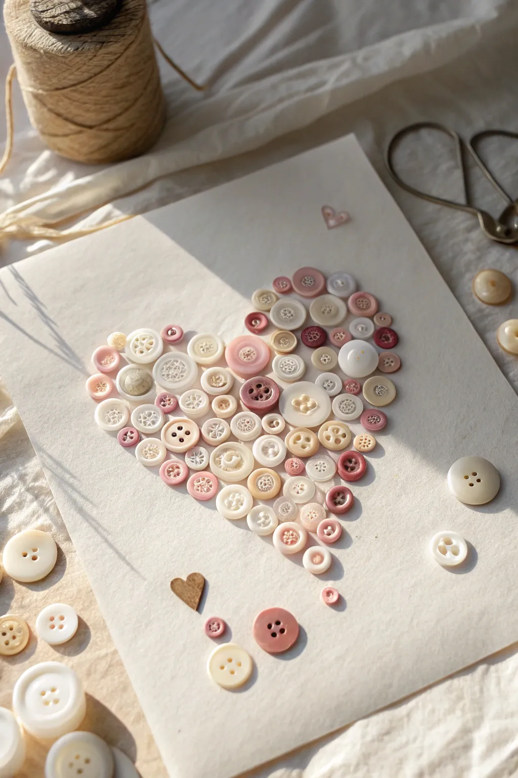 Button heart collage in soft neutrals with a few loose buttons for texture and handmade charm.