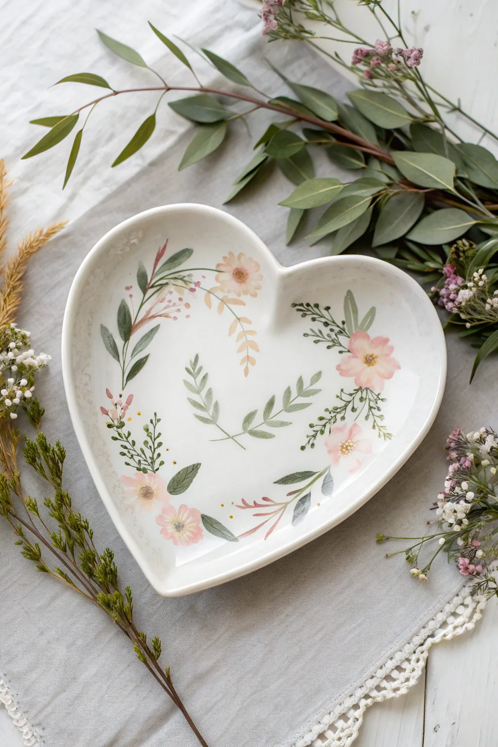 Soft wildflower wreath hugs the rim of a heart plate, leaving a clean center to paint.