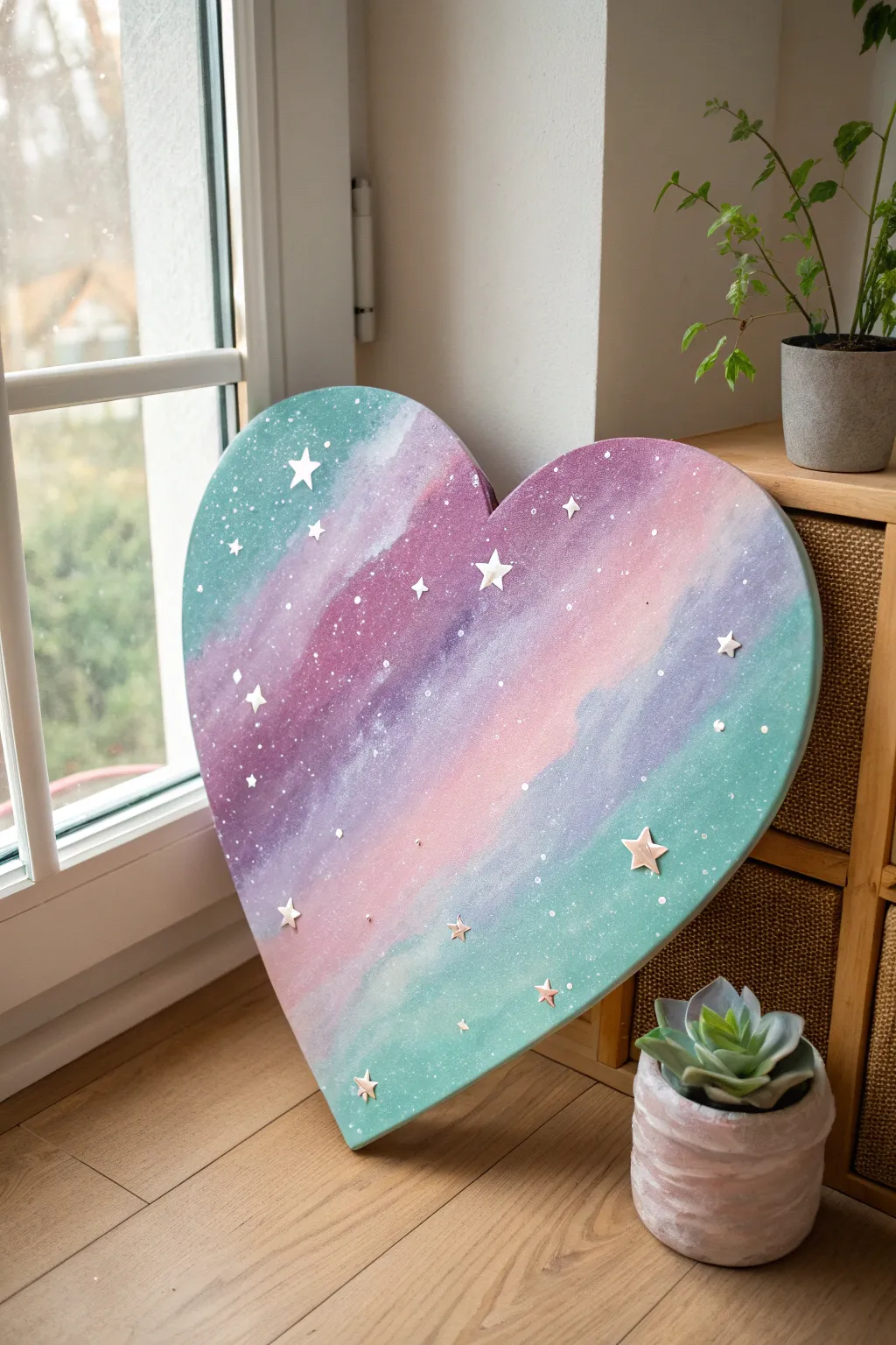 Pastel galaxy night sky on a heart canvas, dreamy sponged acrylics and crisp white stars