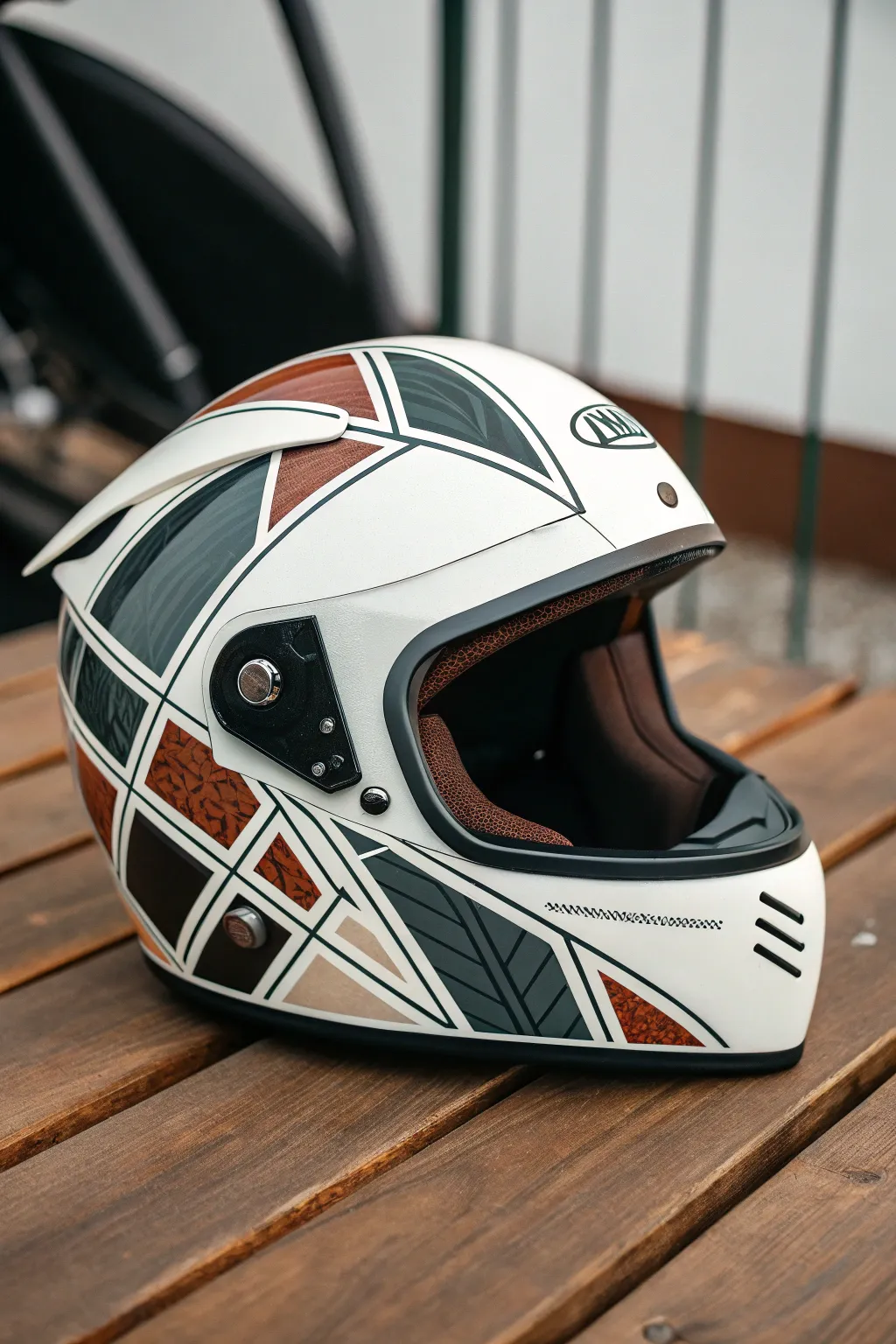 Geometric speed angles on a minimalist helmet, crisp edges and a modern boho palette.