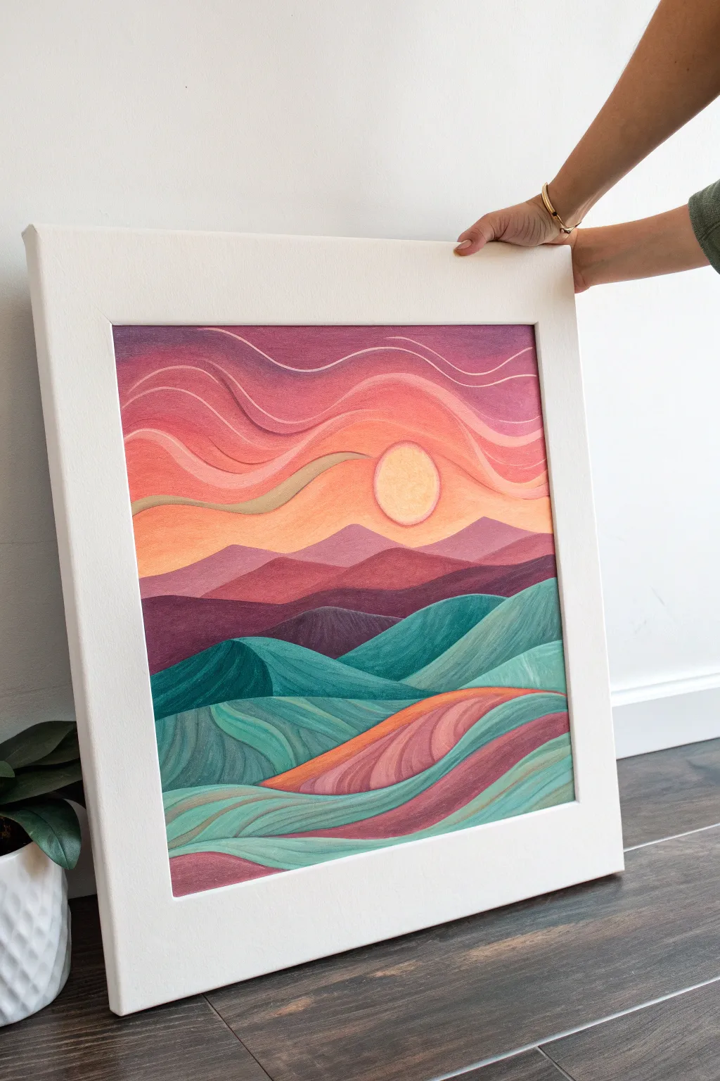 Neon psychedelic sunset over rolling hills, minimalist boho palette with crisp handcrafted brushstrokes.