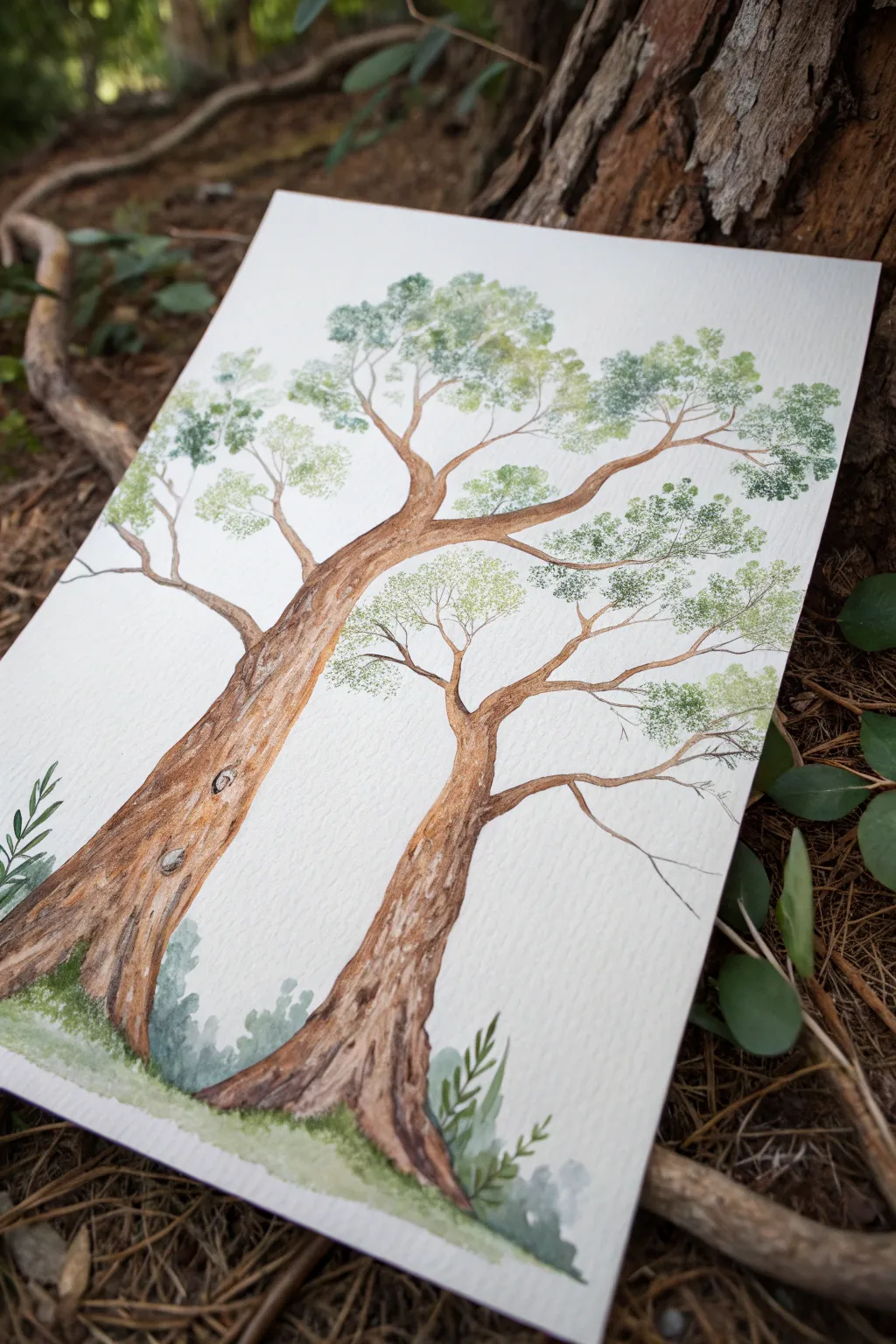 Two simple trees painted side by side, their branches meeting to create a heart-shaped space.