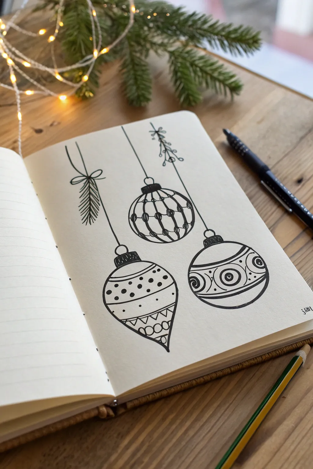 Pattern-filled holiday ornaments in bold ink for quick, cozy Scandinavian doodles