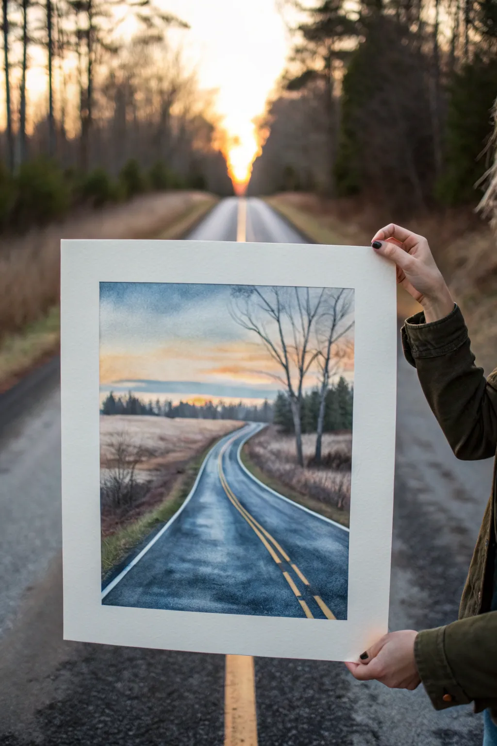 A winding road from shadow to golden light, a minimalist hope painting that whispers keep going.