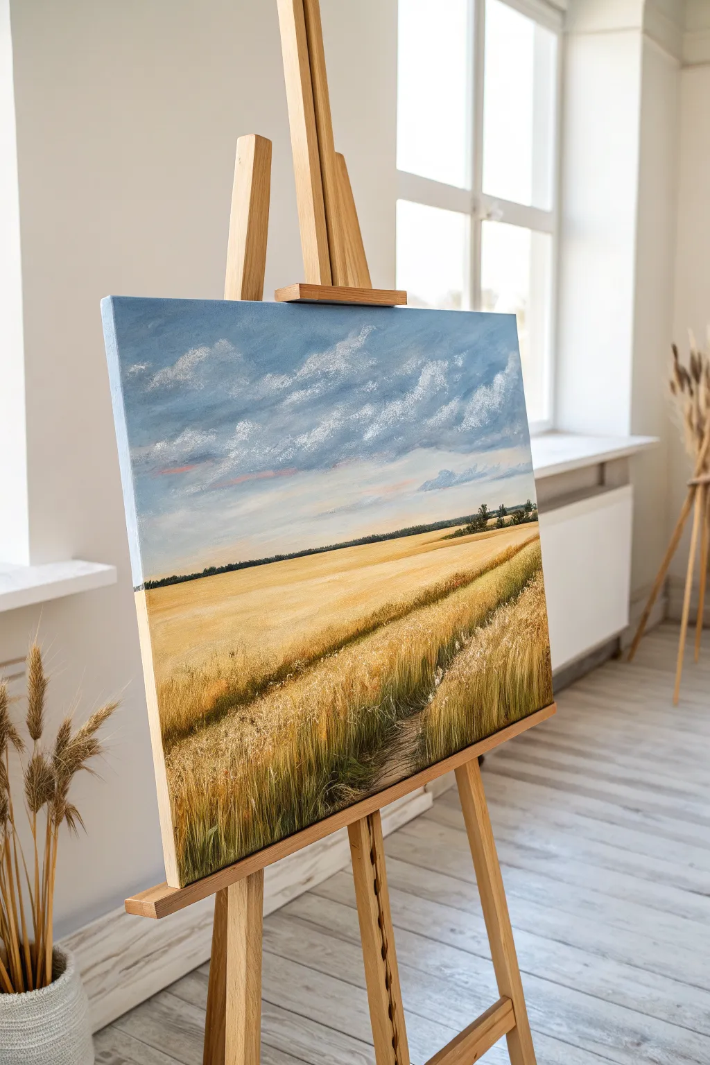 Golden field under a big open sky, a calming horizontal canvas idea with minimalist boho tones.