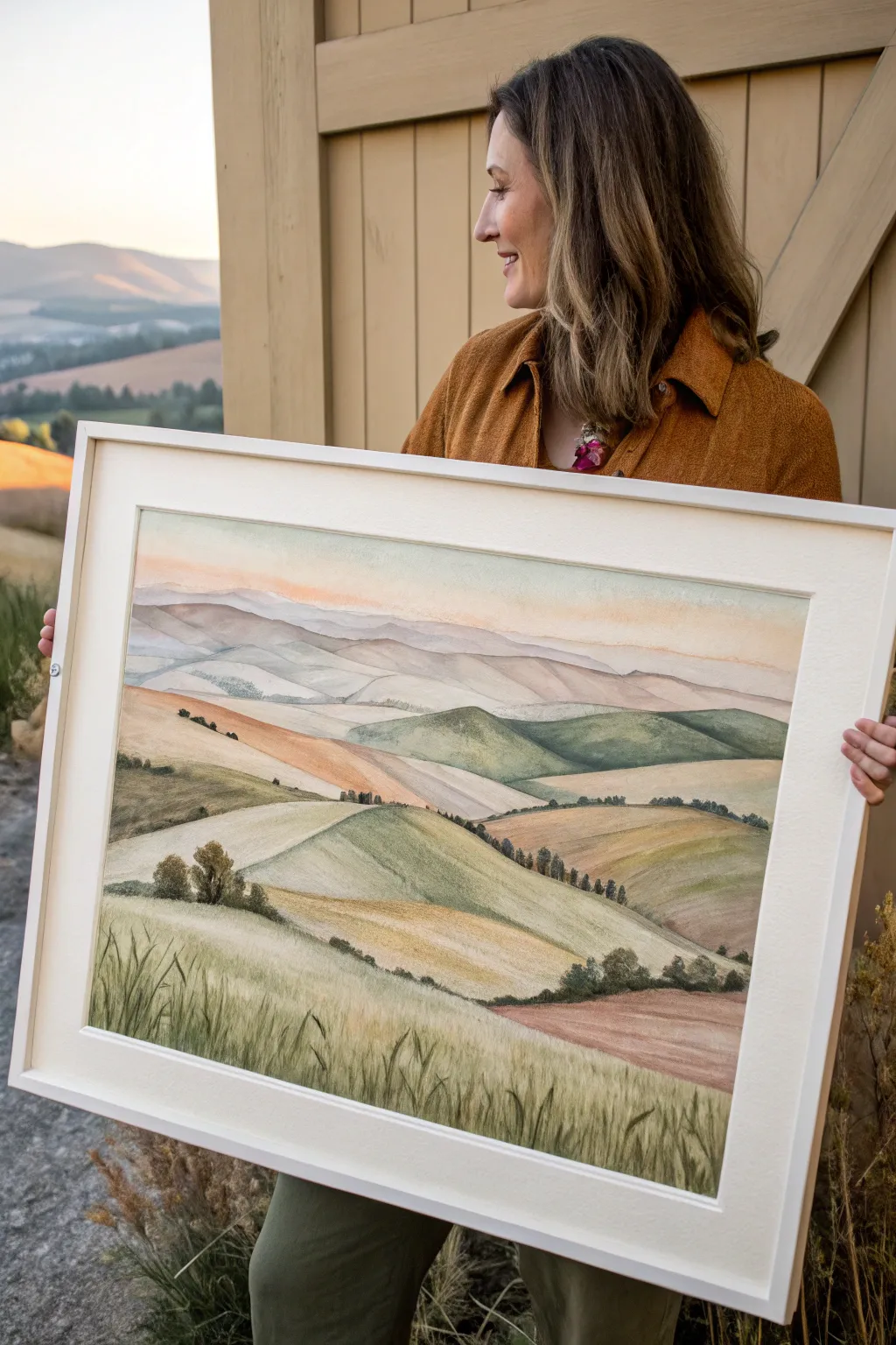 Minimalist horizontal landscape study of layered hills and farmland bands in soft earthy tones