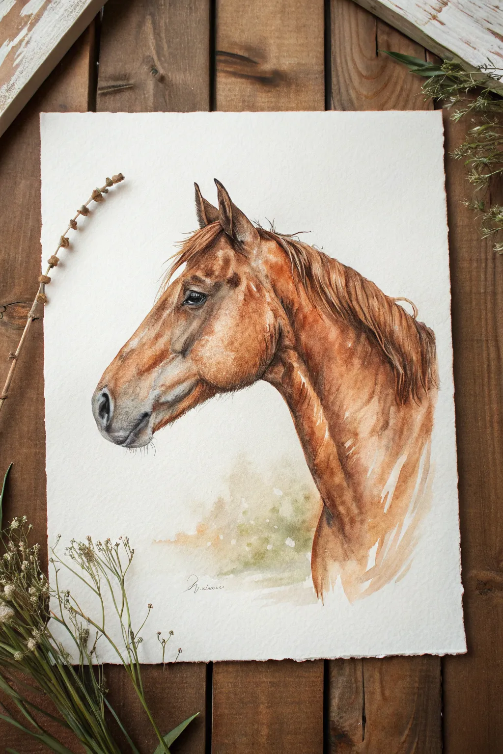 Realistic chestnut coat study with warm earth-tone mixes and coppery highlights in soft light