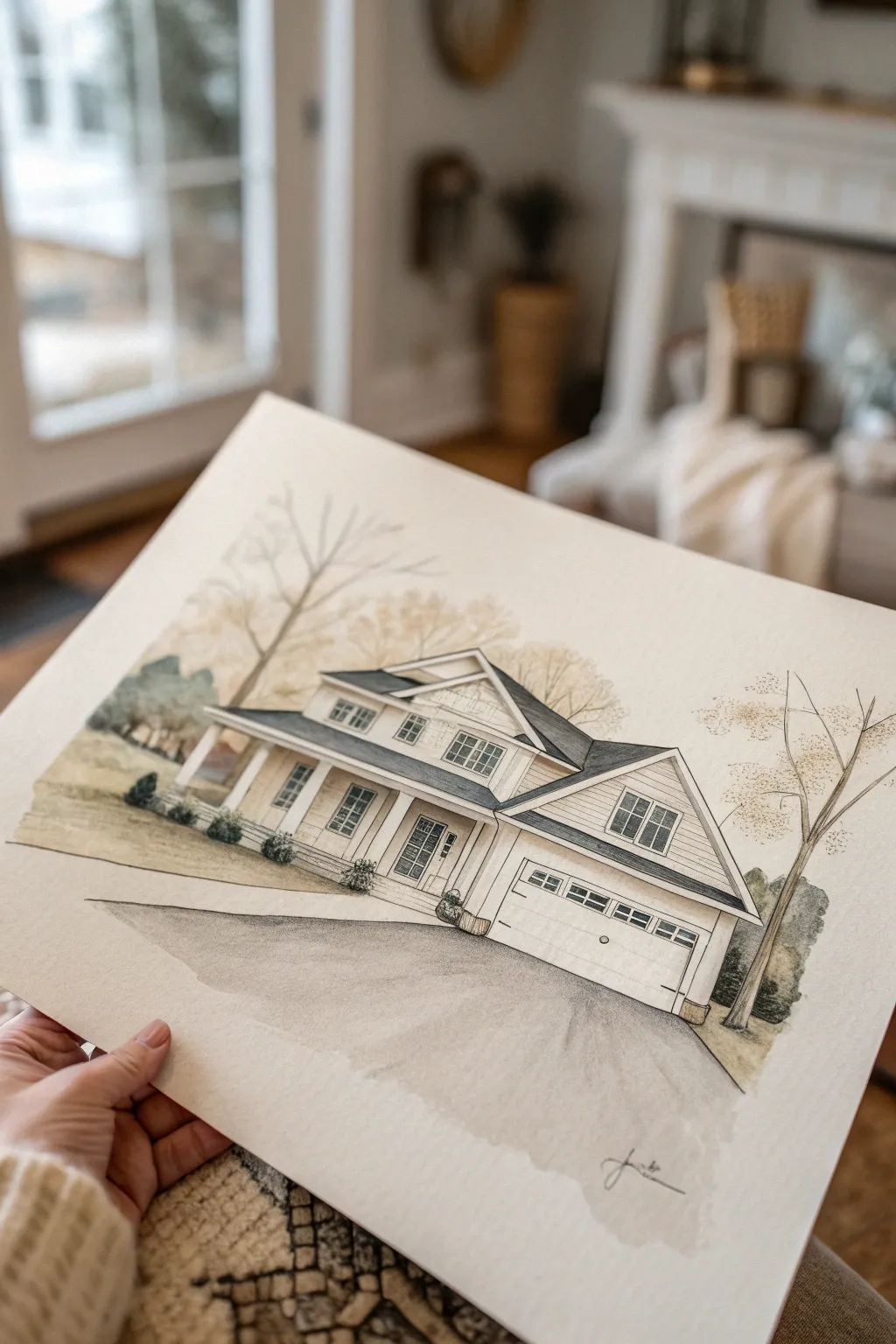 Minimal suburban porch home sketch with side garage, driveway, and mailbox in soft neutrals