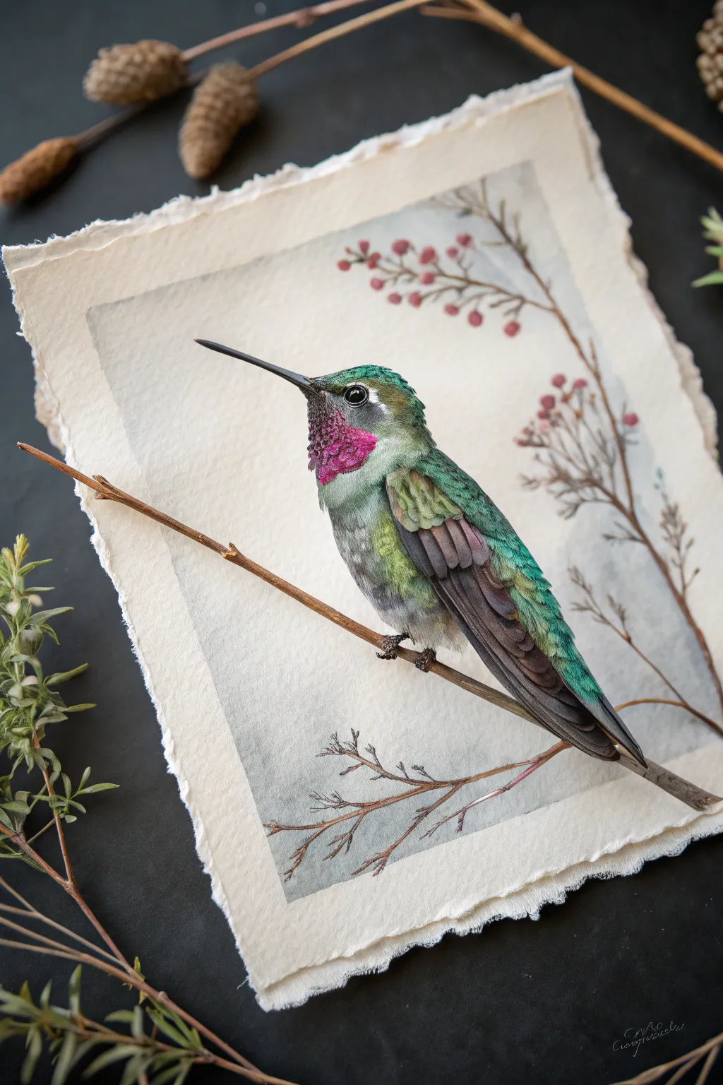 Paint a jewel-bright hummingbird throat in emerald and magenta on a deep charcoal wash