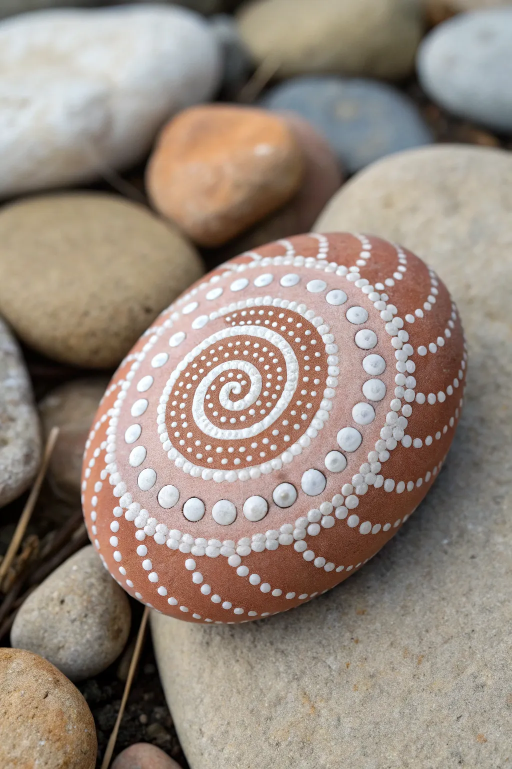 Spiral dot swirl rock with three soft boho hues, minimalist styling and satisfying contrast