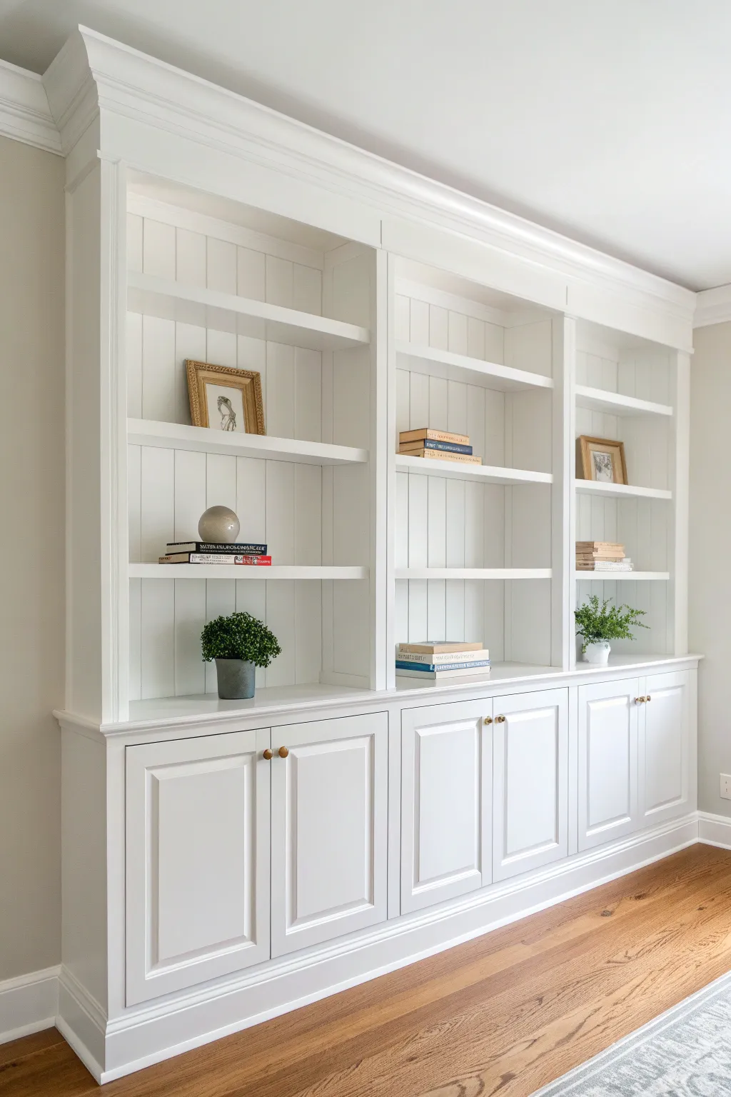 Crisp white built-ins with sharp trim and airy styling for a classic, clean bookshelf refresh.