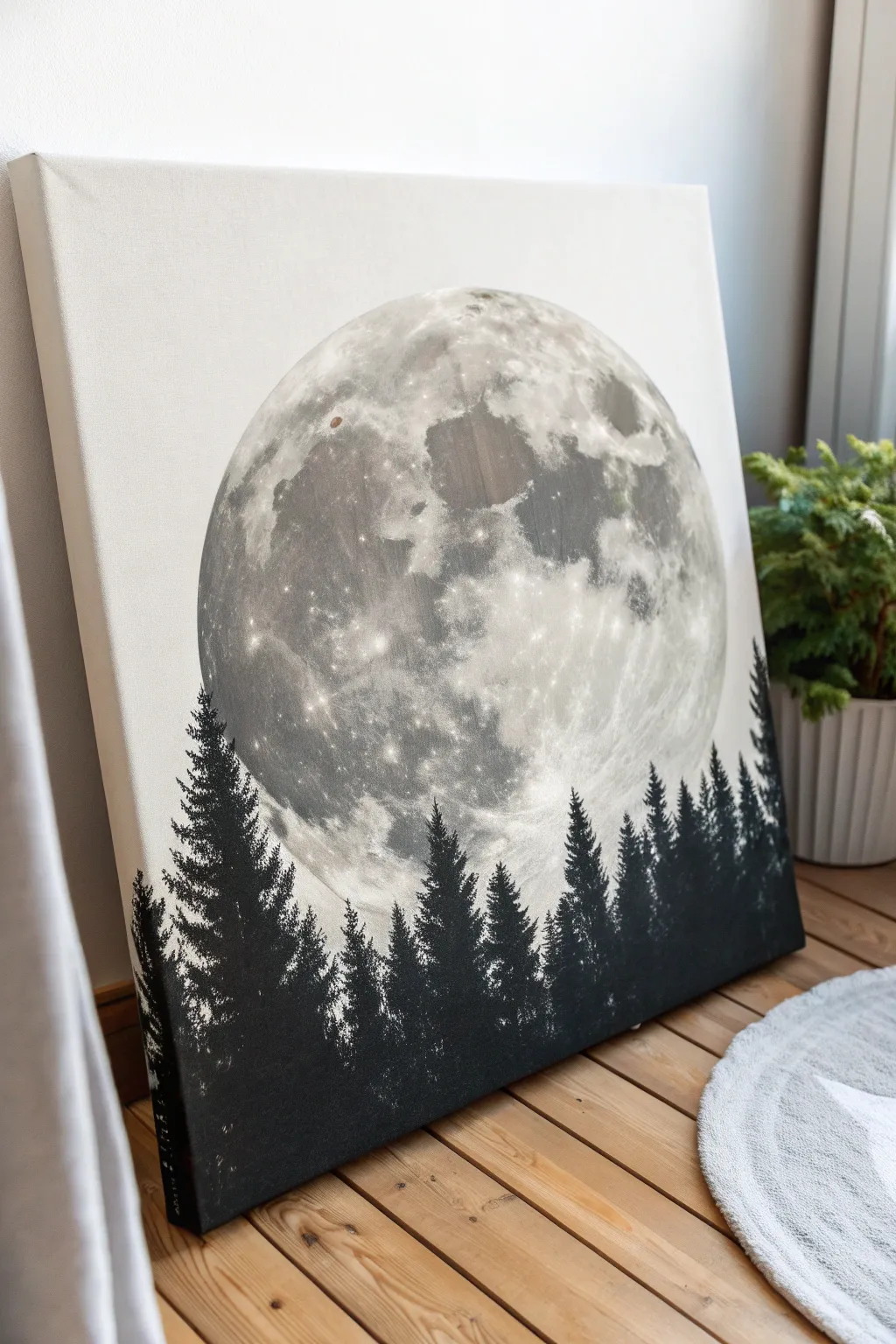 Big moon over a pine silhouette: a calm, high-contrast minimalist canvas painting idea