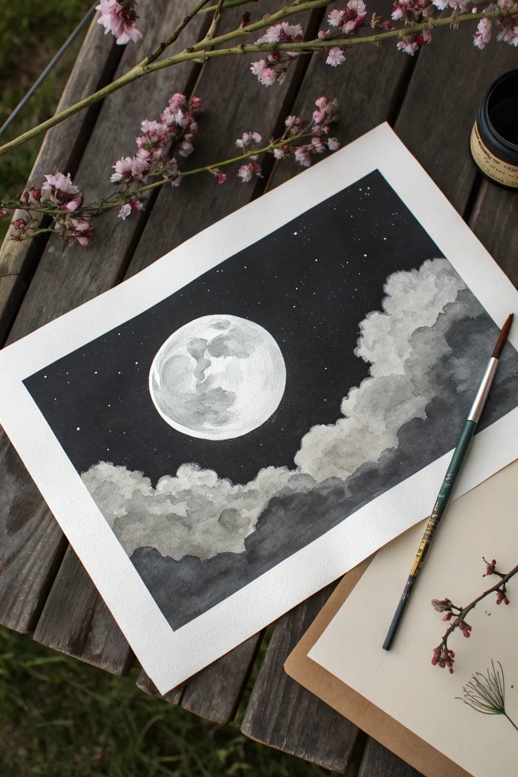 India ink moonlit negative space: bold night wash, bright white moon, and soft drifting clouds.