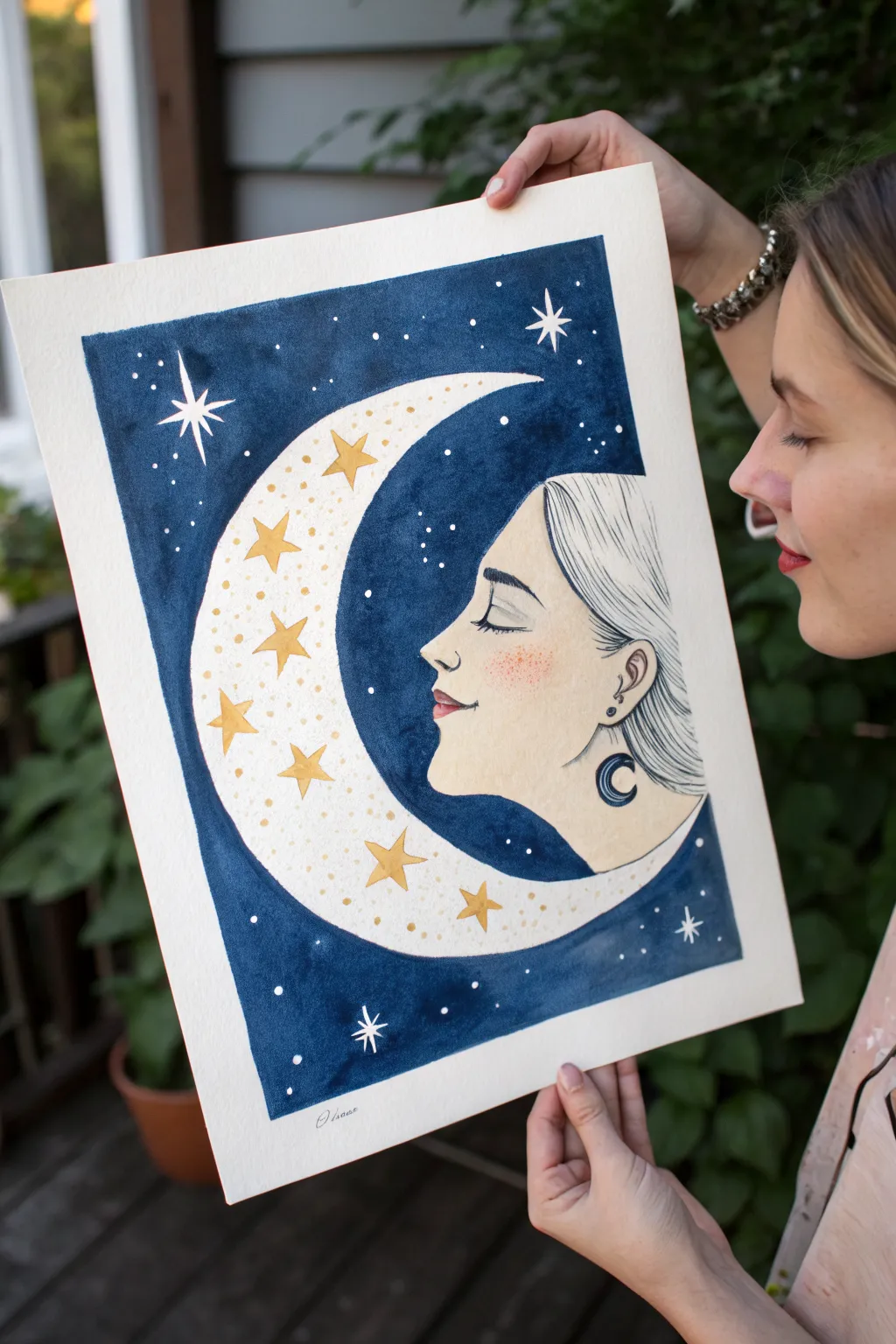 Moon-face night sky with chunky stars and dots, a simple indie painting idea with bold contrast.