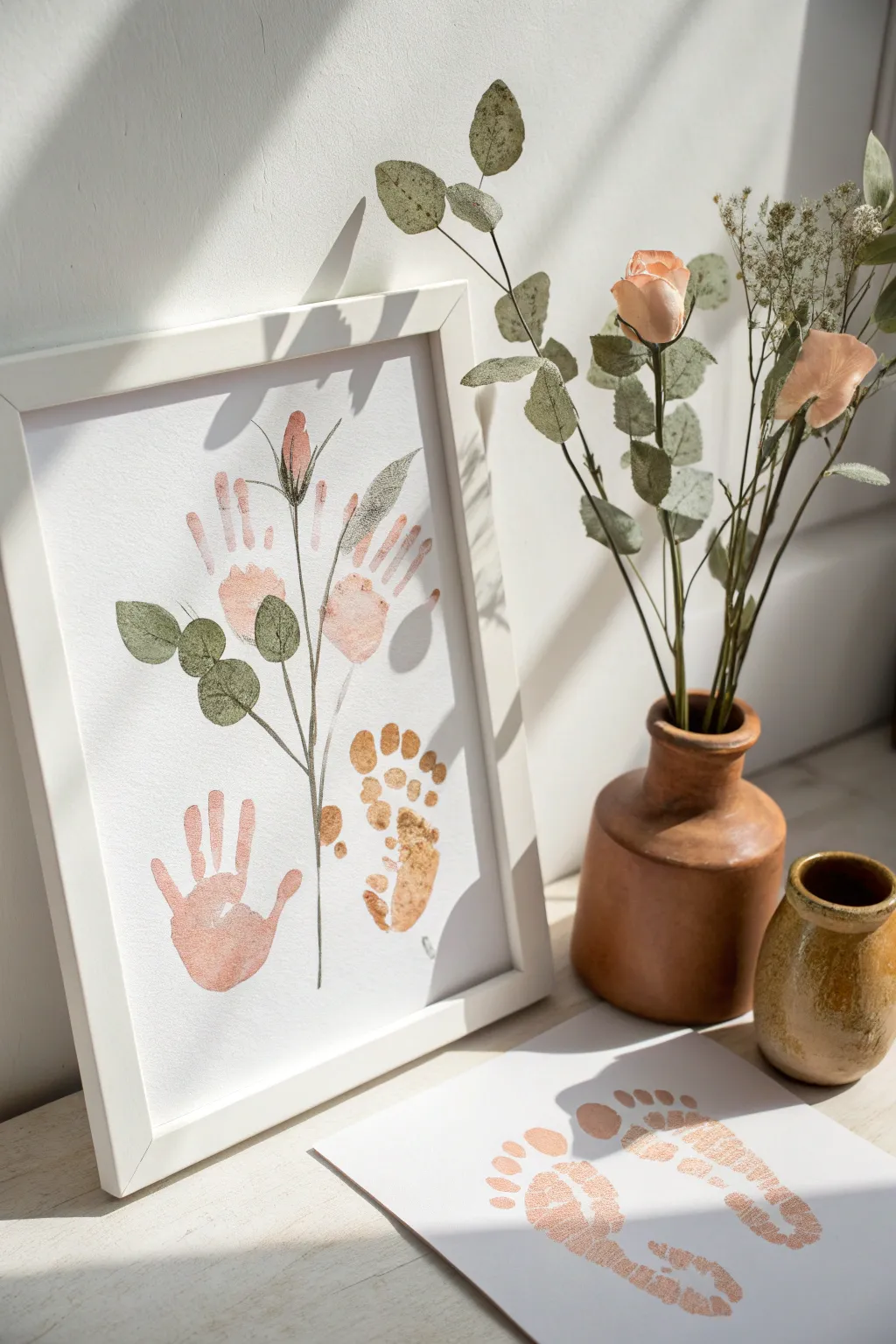 Sweet handprint flowers with tiny footprint leaves, a minimalist keepsake for baby memories