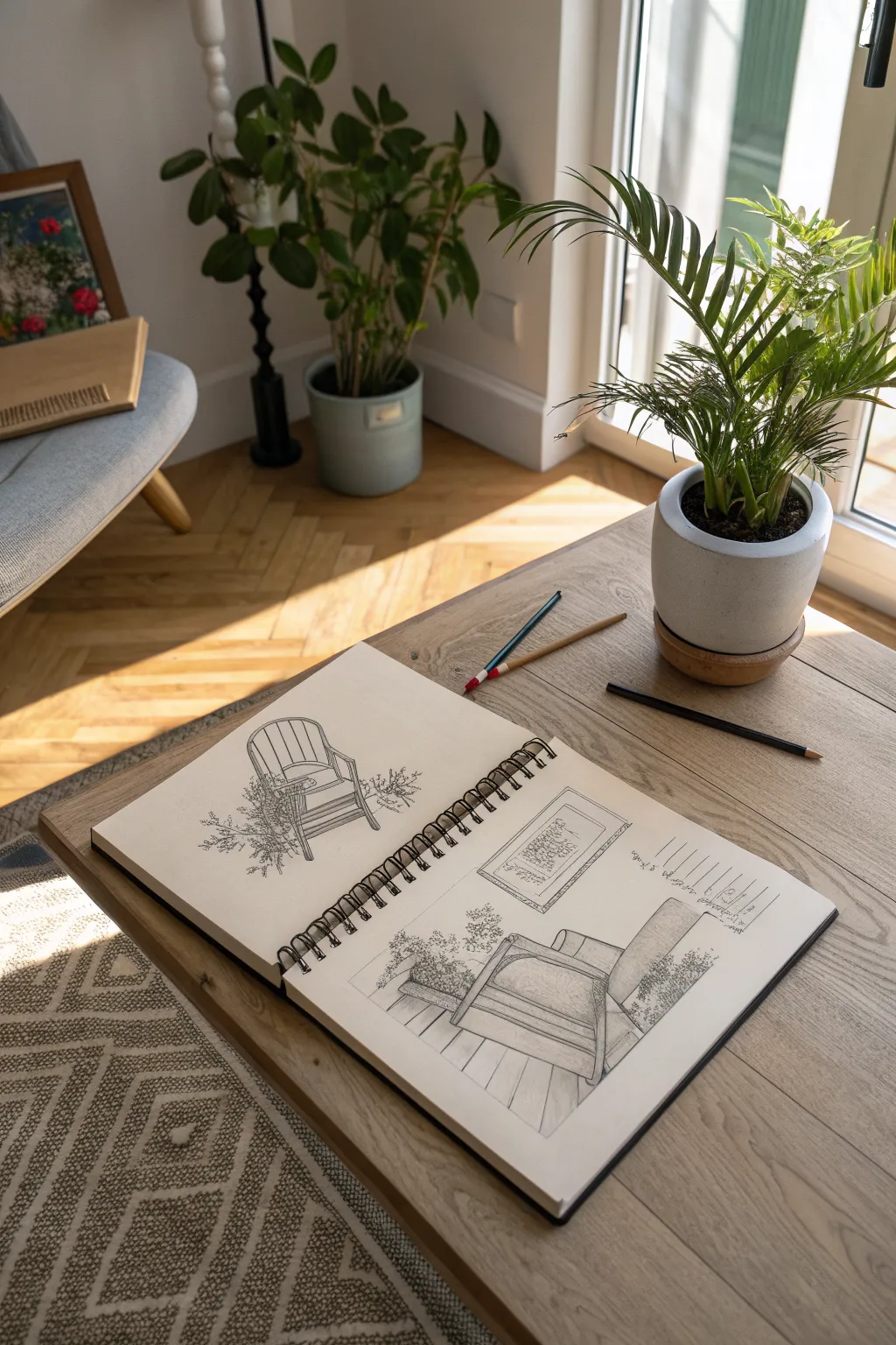 Cozy one-point perspective corner sketch idea with chair, plant, and rug in afternoon shadows